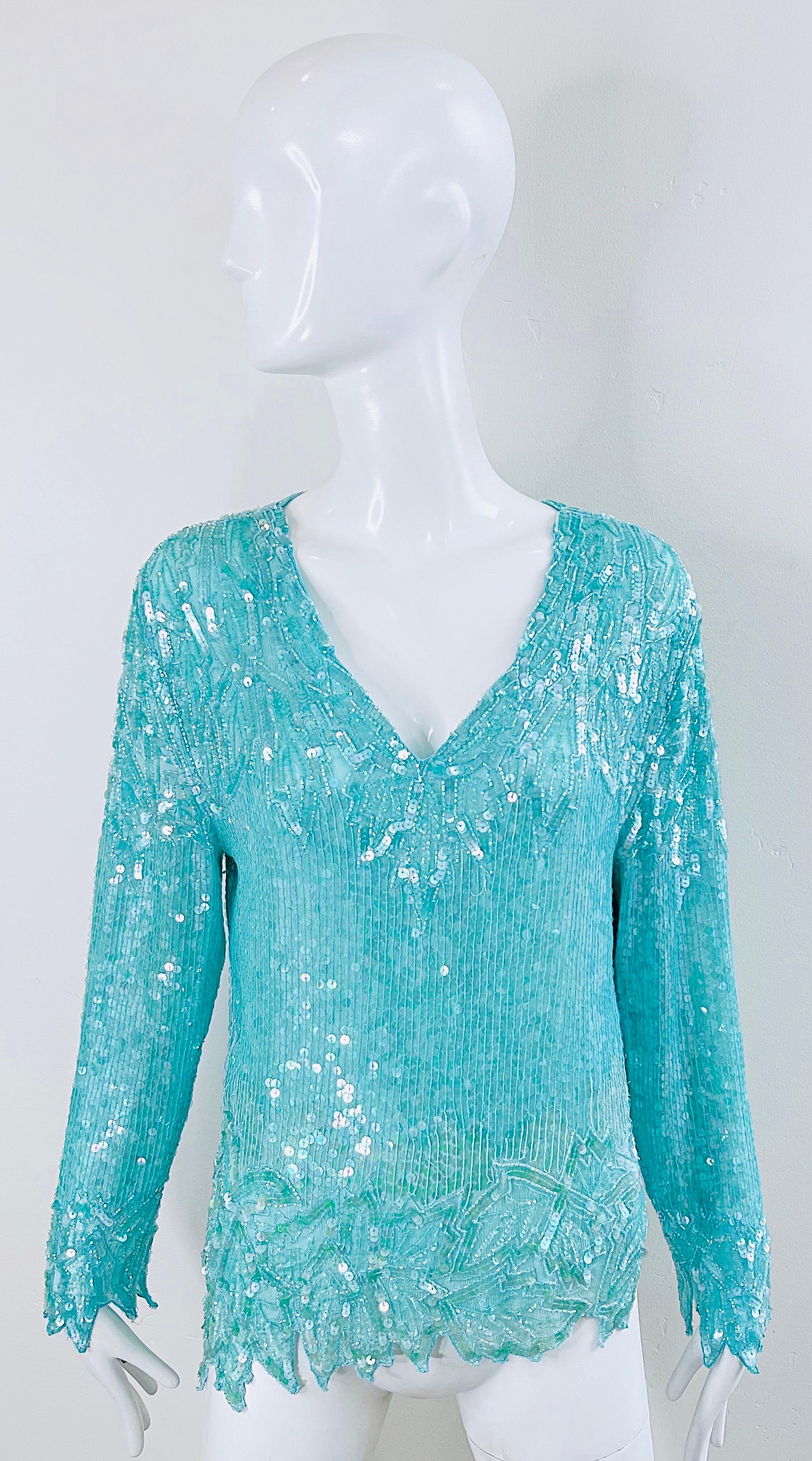 1980s Swee Lo Turquoise Blue Sequin Beaded Silk Chiffon Vintage 80s Blouse In Excellent Condition For Sale In San Diego, CA