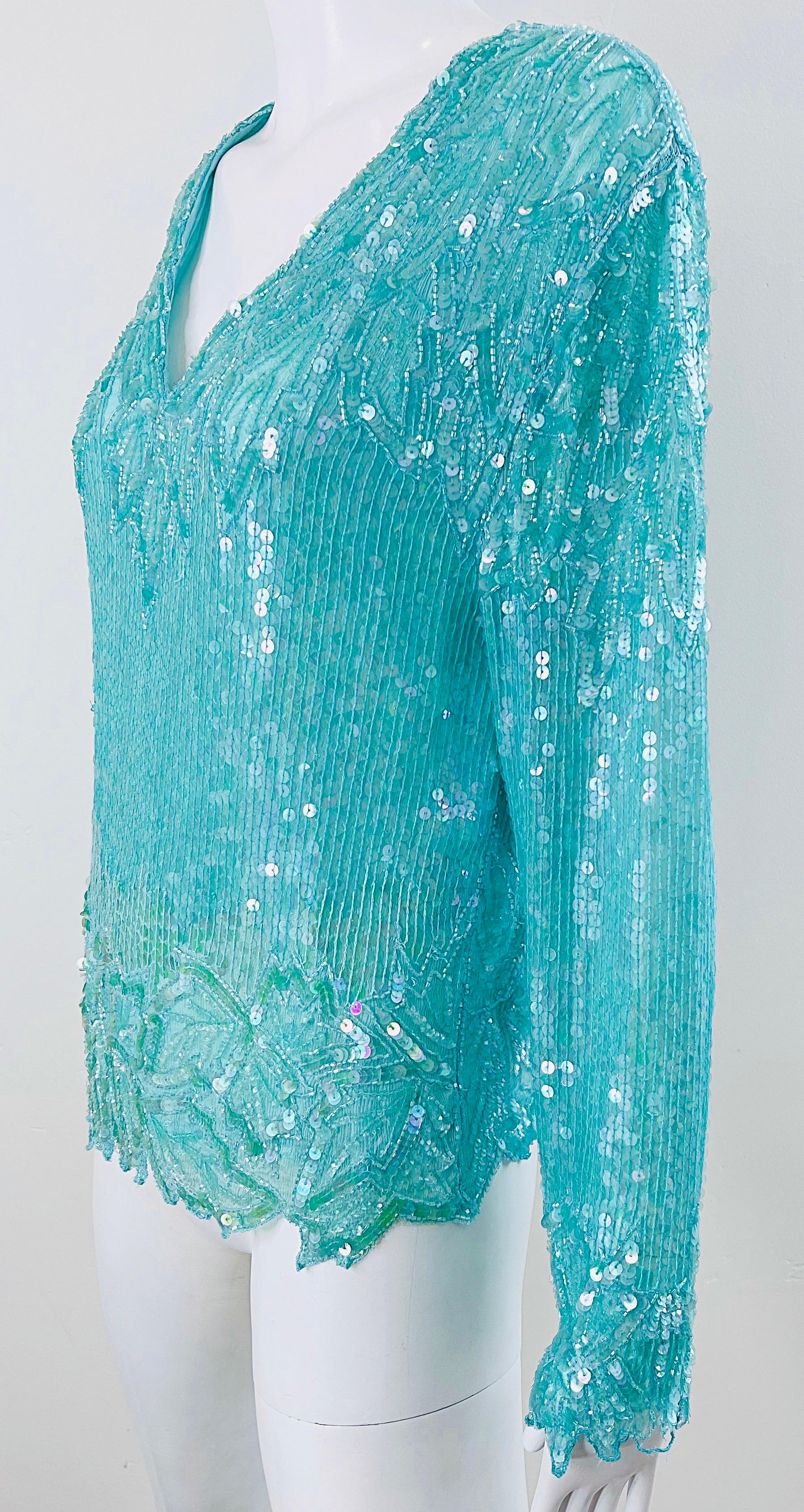 Women's 1980s Swee Lo Turquoise Blue Sequin Beaded Silk Chiffon Vintage 80s Blouse For Sale