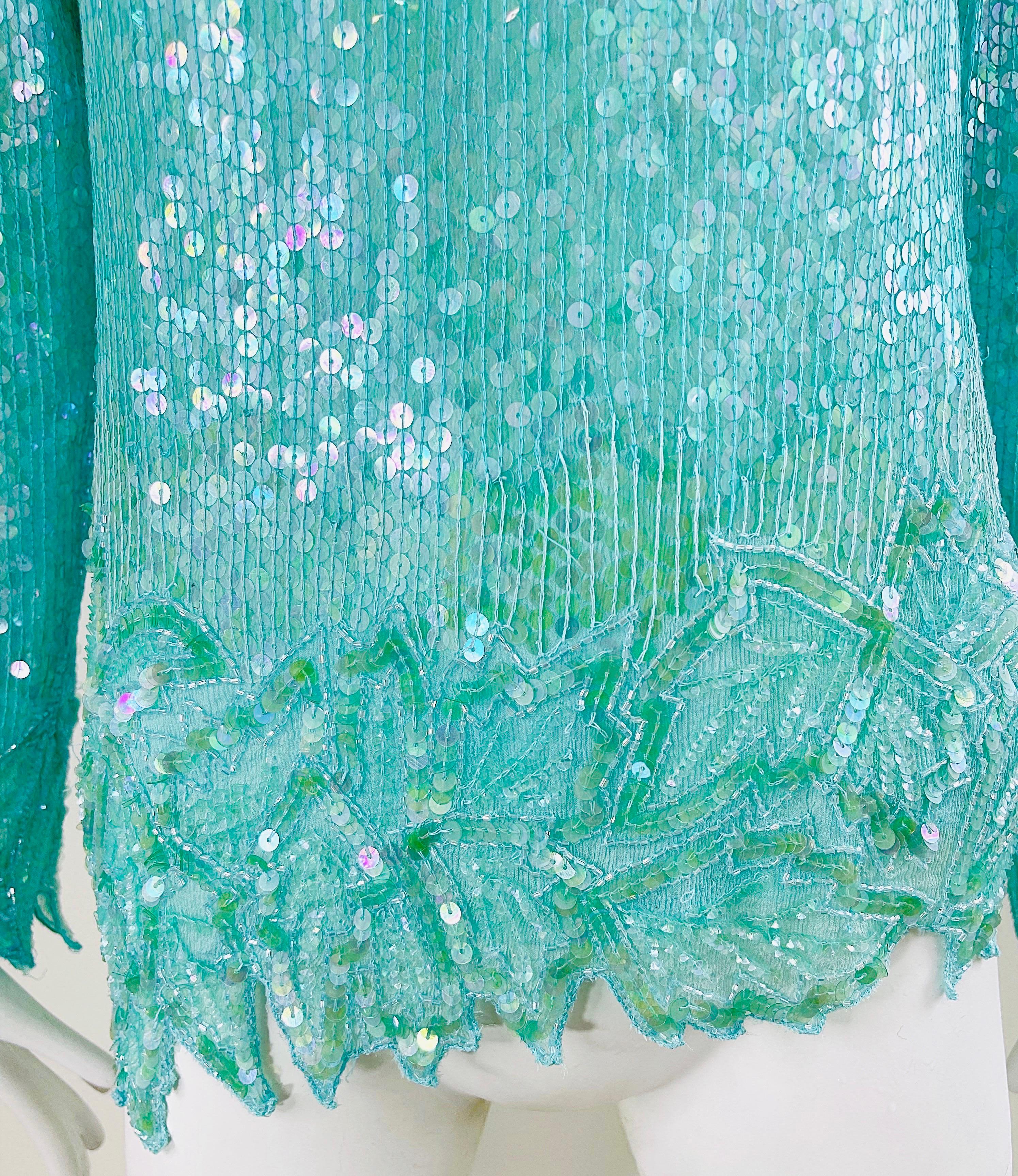 1980s Swee Lo Turquoise Blue Sequin Beaded Silk Chiffon Vintage 80s Blouse For Sale 1