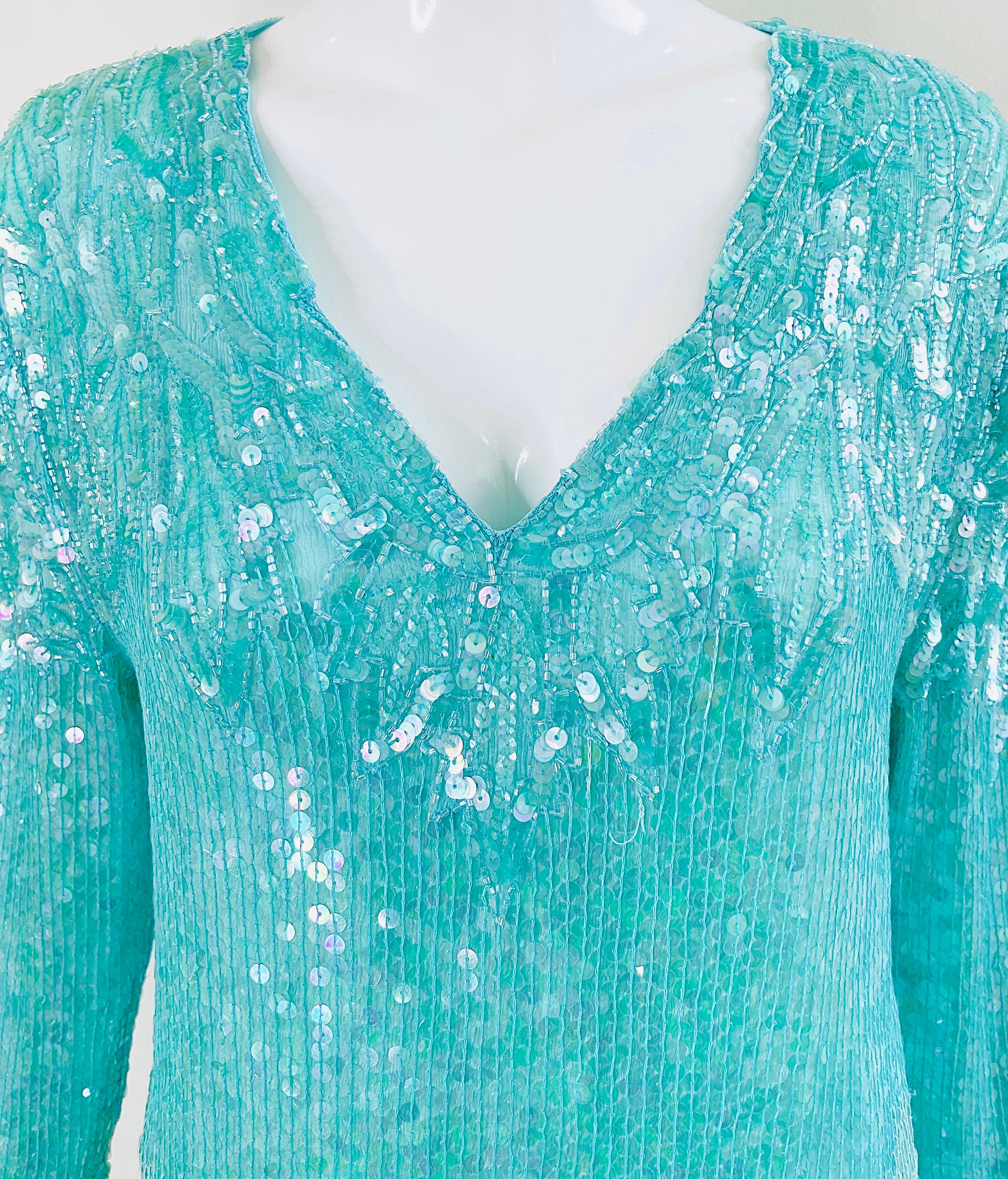 1980s Swee Lo Turquoise Blue Sequin Beaded Silk Chiffon Vintage 80s Blouse For Sale 2