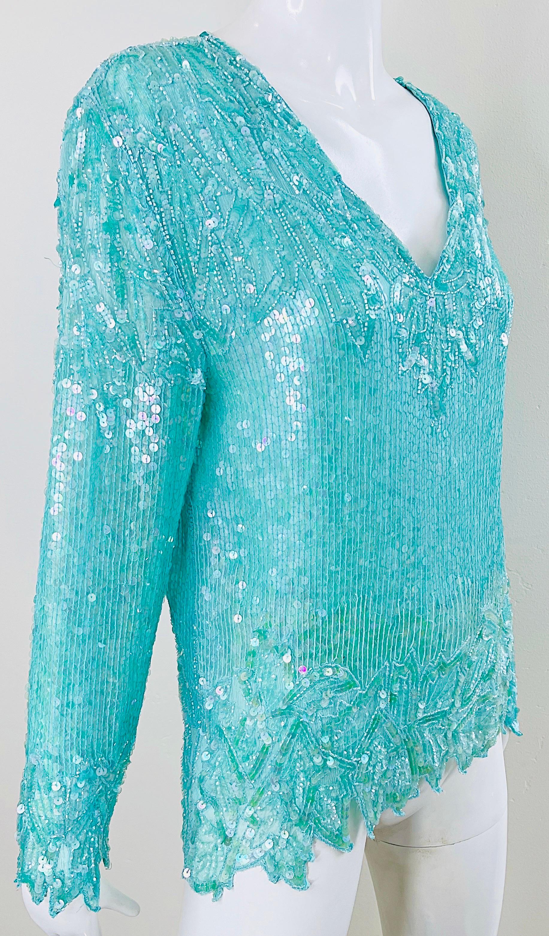 1980s Swee Lo Turquoise Blue Sequin Beaded Silk Chiffon Vintage 80s Blouse For Sale 3