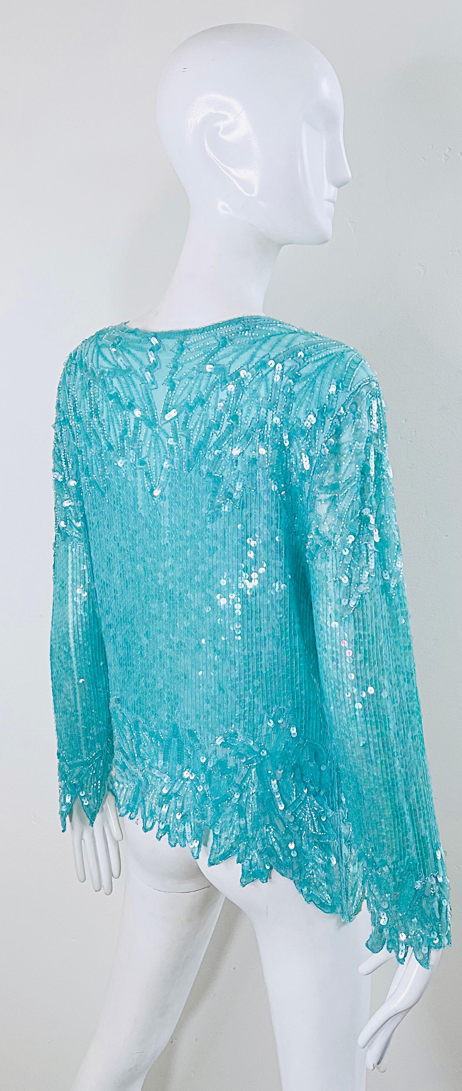 1980s Swee Lo Turquoise Blue Sequin Beaded Silk Chiffon Vintage 80s Blouse For Sale 4