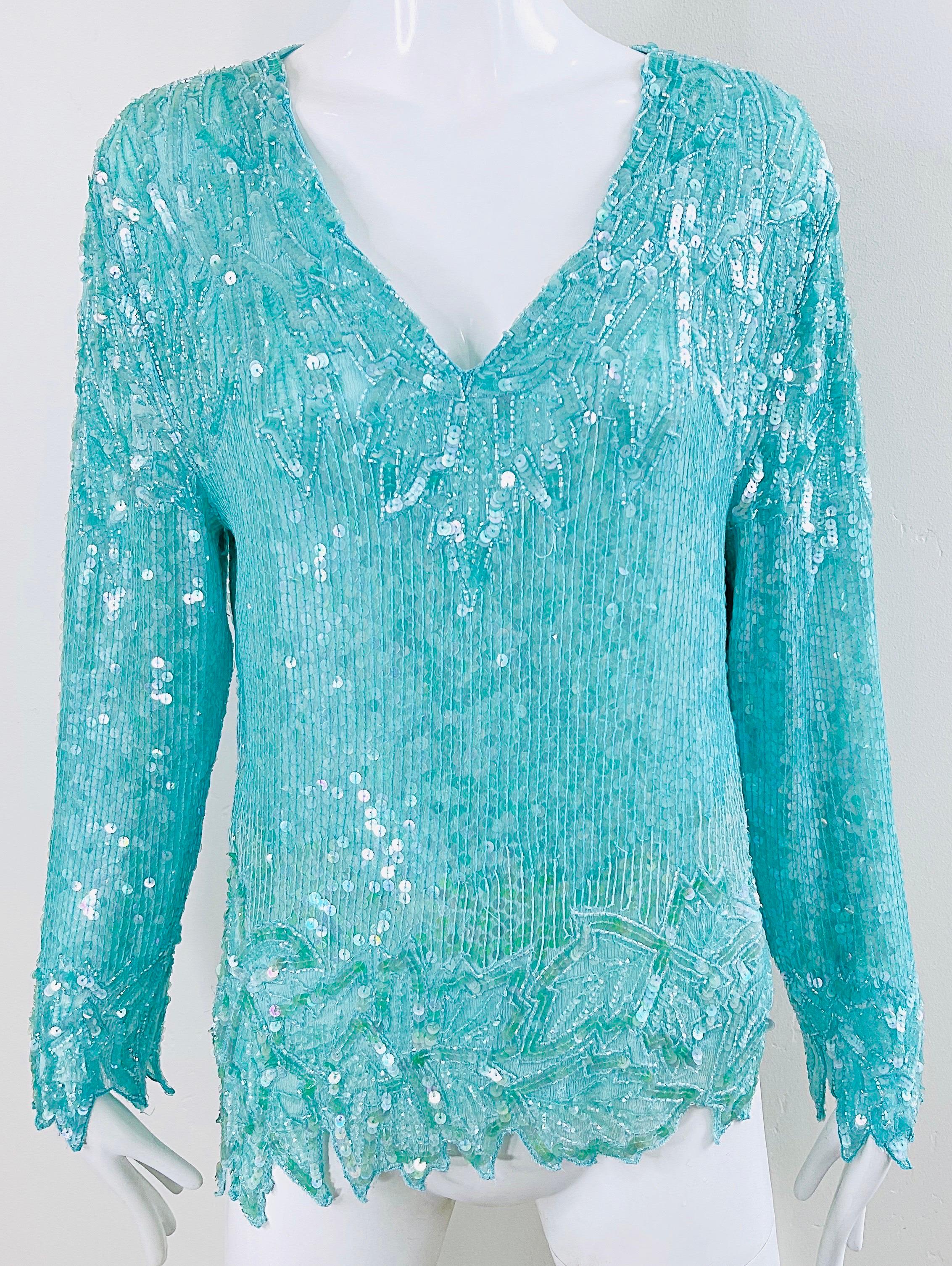 1980s Swee Lo Turquoise Blue Sequin Beaded Silk Chiffon Vintage 80s Blouse For Sale 5