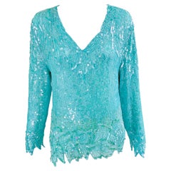 1980 Swee Lo Turquoise Blue Sequin Beaded Silk Chiffon Vintage 80s Blouse