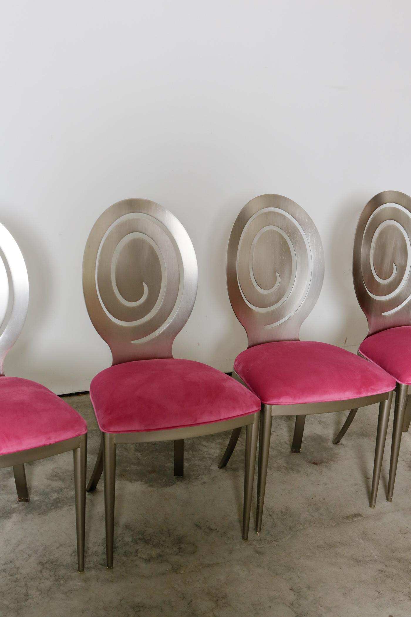 1980s Swirling Dining Chairs in Pink Velvet New Upholstery For Sale 2