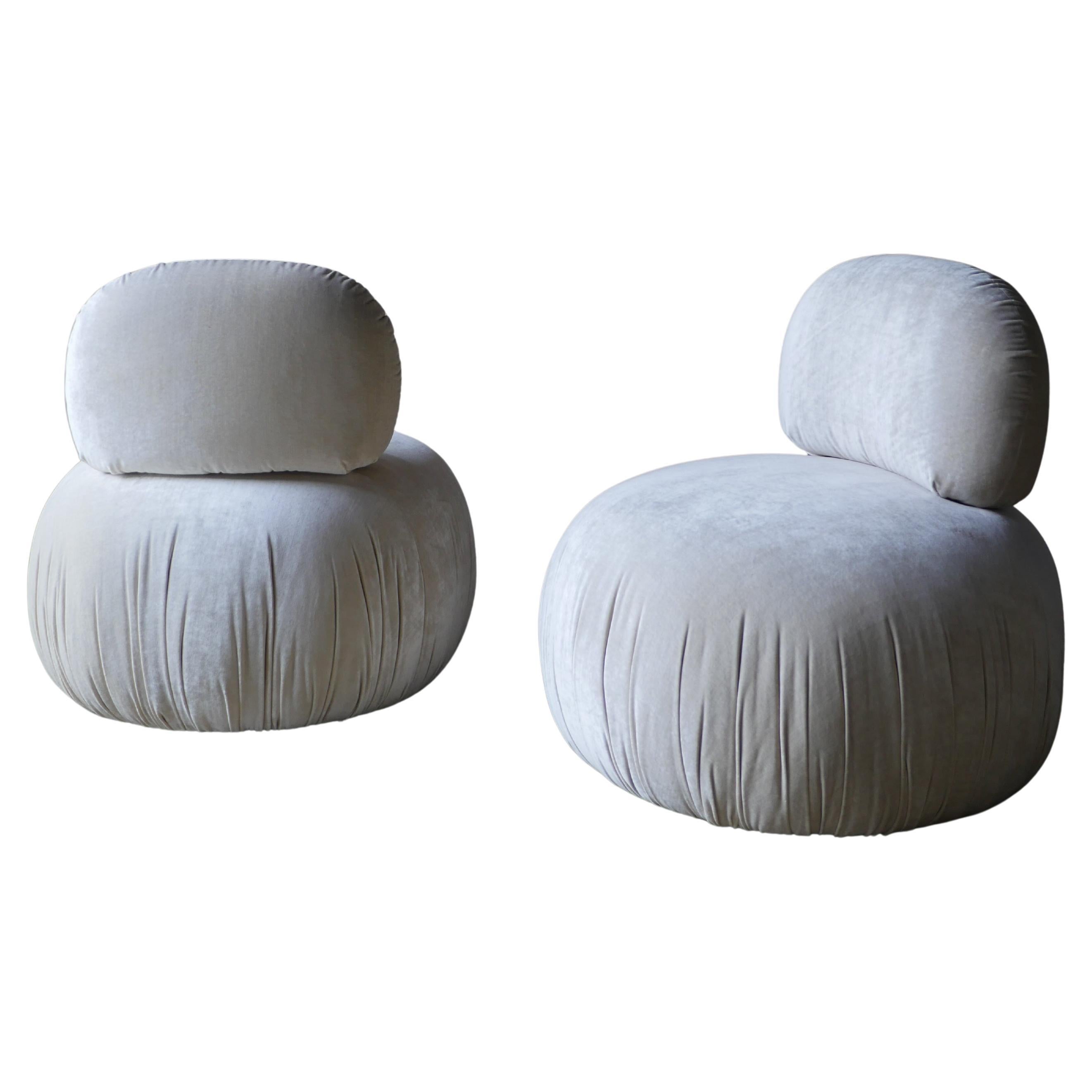 1980s Swivel Designer Pouf Lounge Chairs with Customized Lee Jofa Silk Velvet