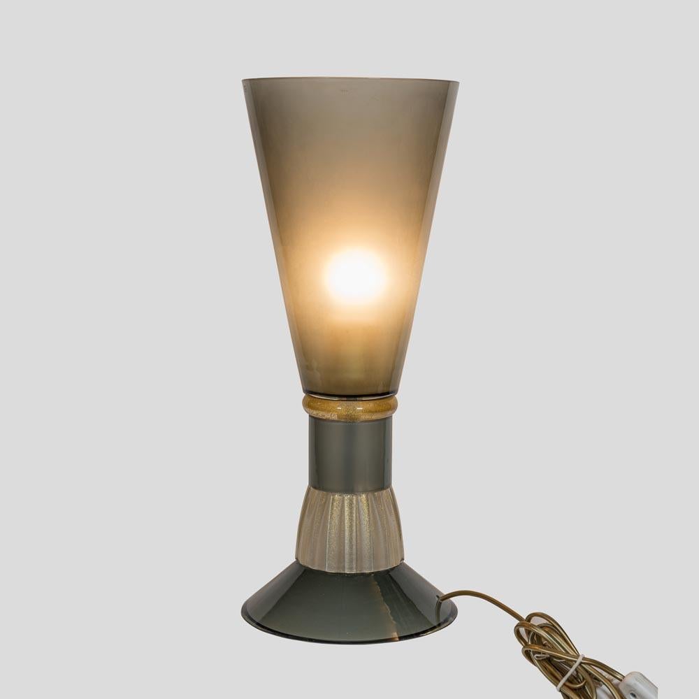 Mid-Century Modern 1980s Table Lamp Blown Fume Grey and Clear Glass with Gold Inclusions Murano