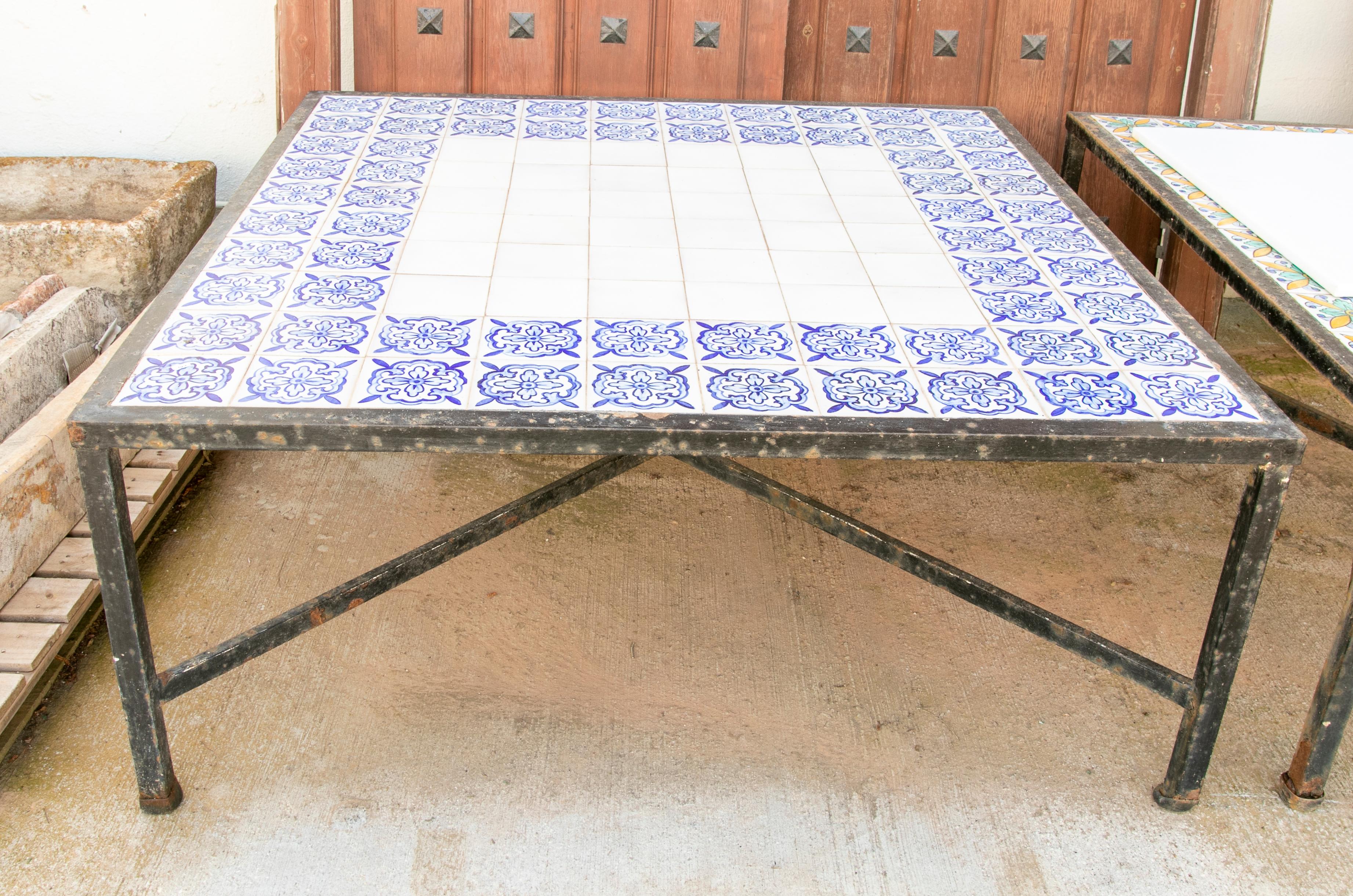 Spanish 1980s Table with Iron Base and Geometrical Tiles on Top  For Sale