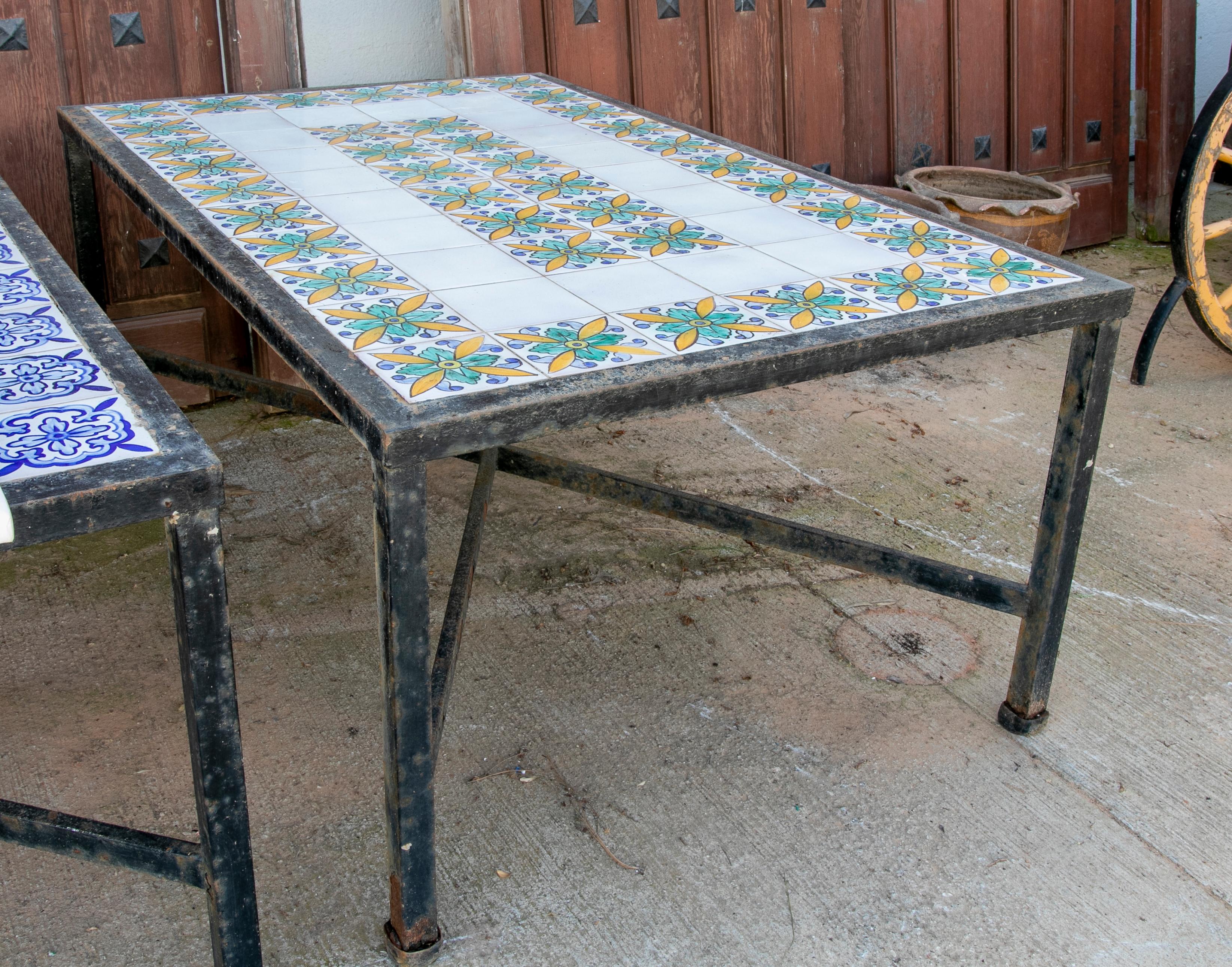 Spanish 1980s Table with Iron Base and Geometrical Tiles on Top For Sale