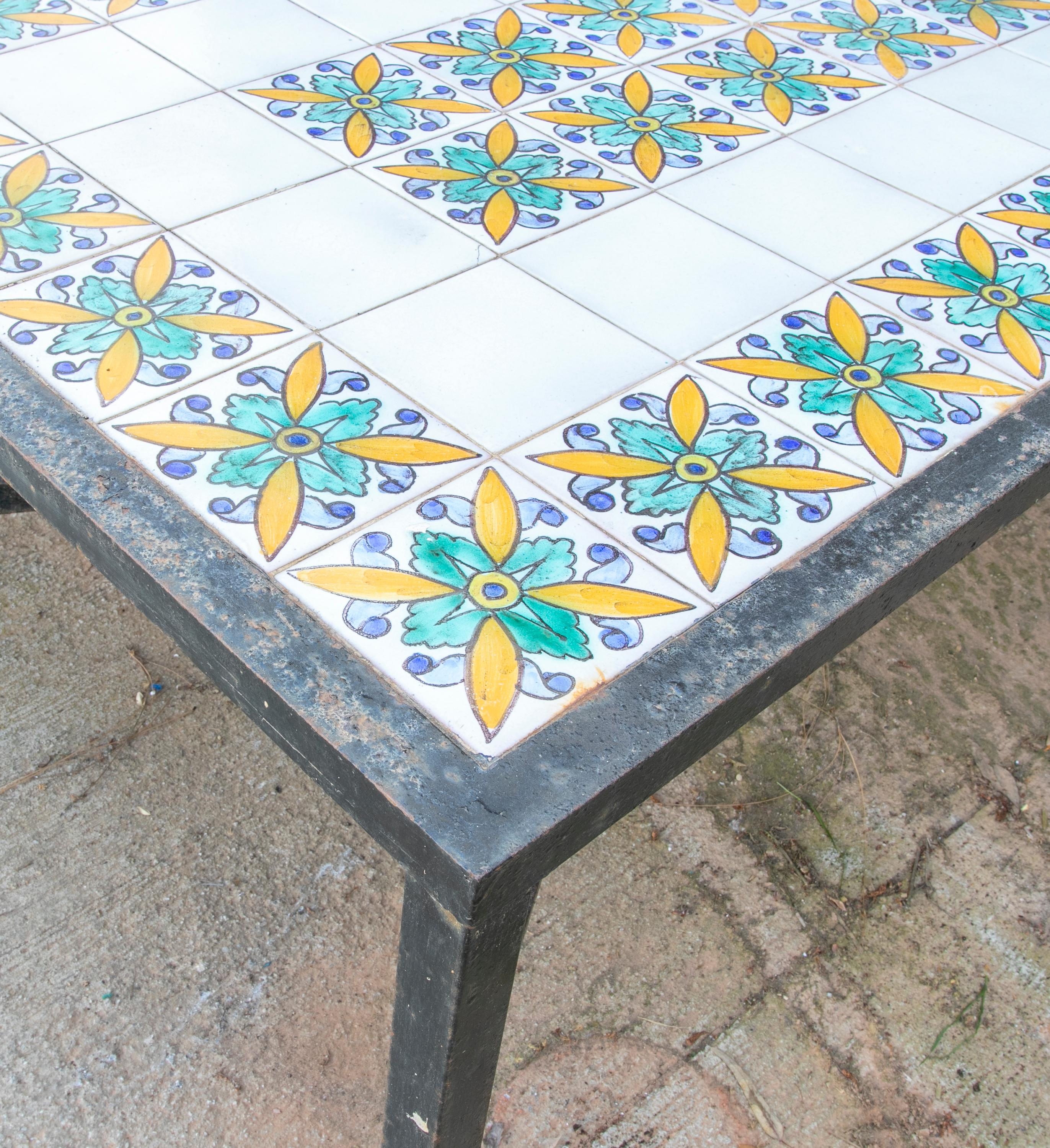 Ceramic 1980s Table with Iron Base and Geometrical Tiles on Top For Sale