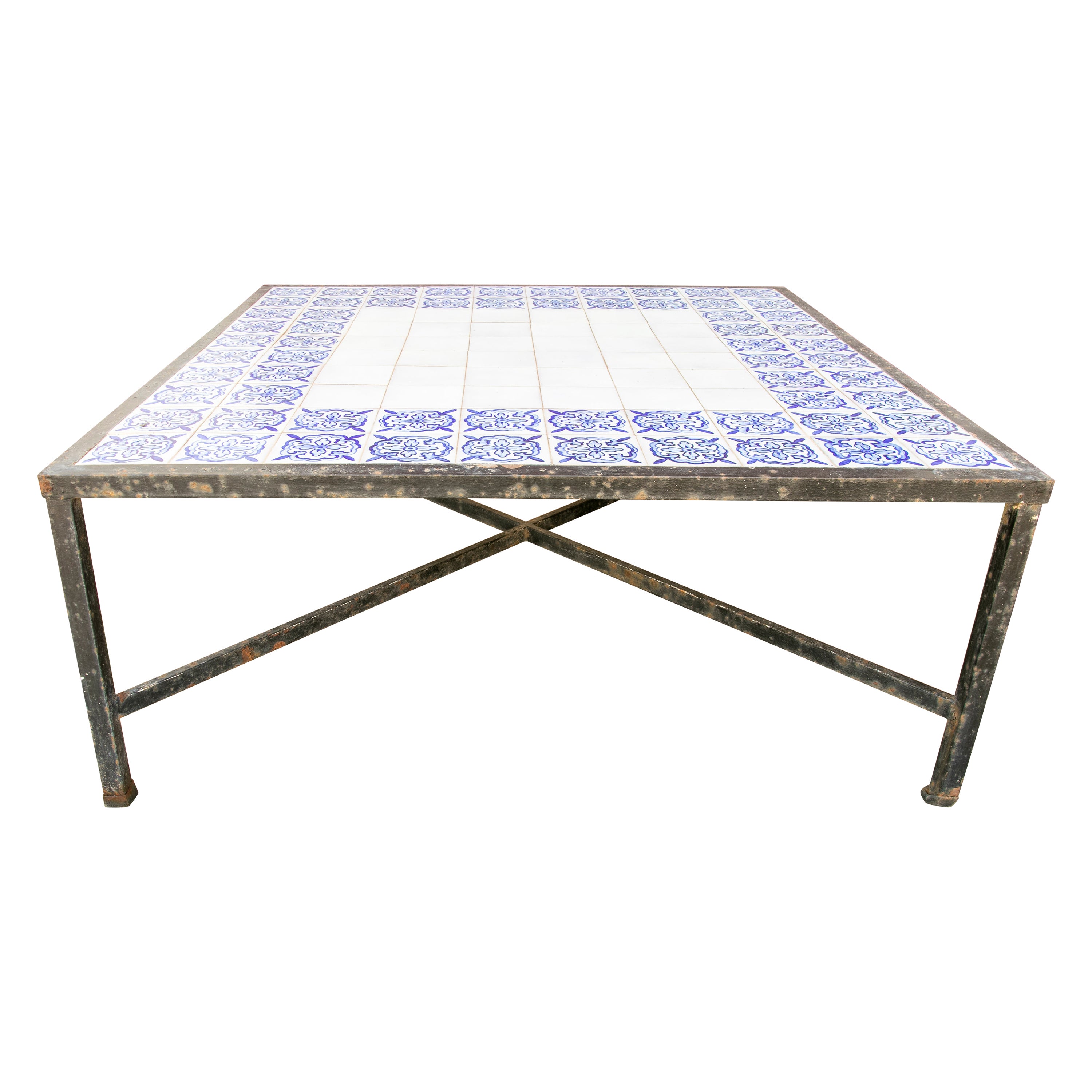 1980s Table with Iron Base and Geometrical Tiles on Top