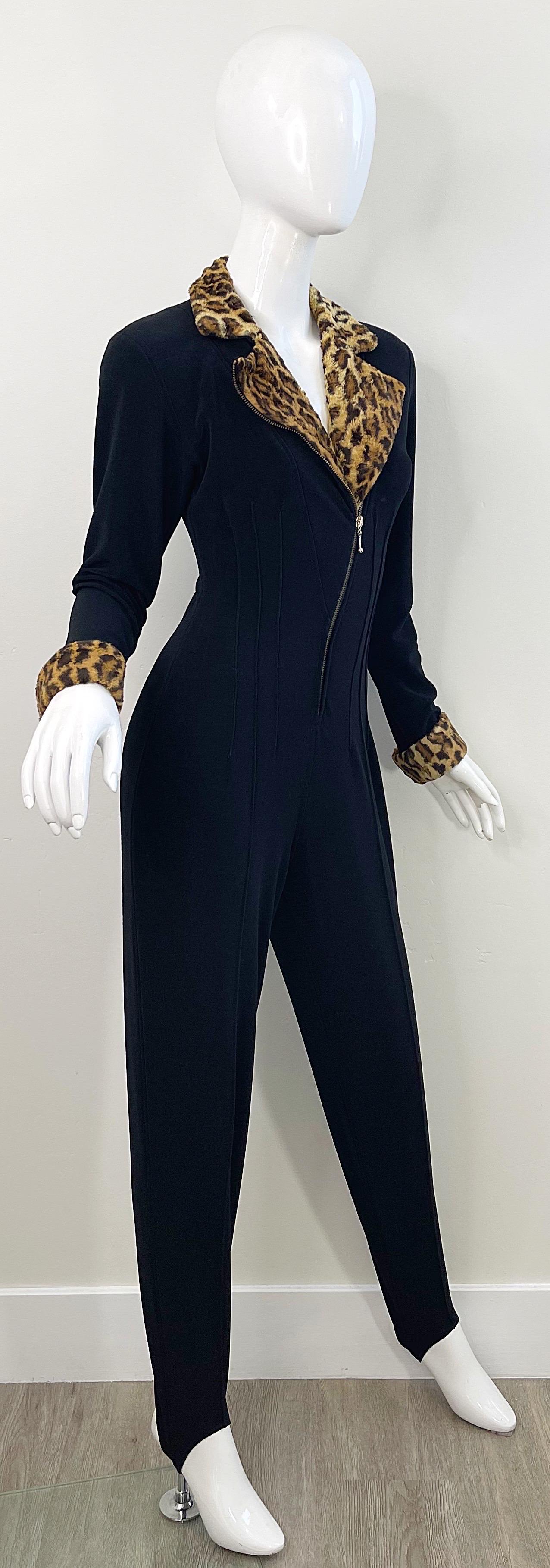 1980s Tadashi Black Faux Leopard Fur Stirrup Pants 80s Vintage Jumpsuit Cat Suit For Sale 4
