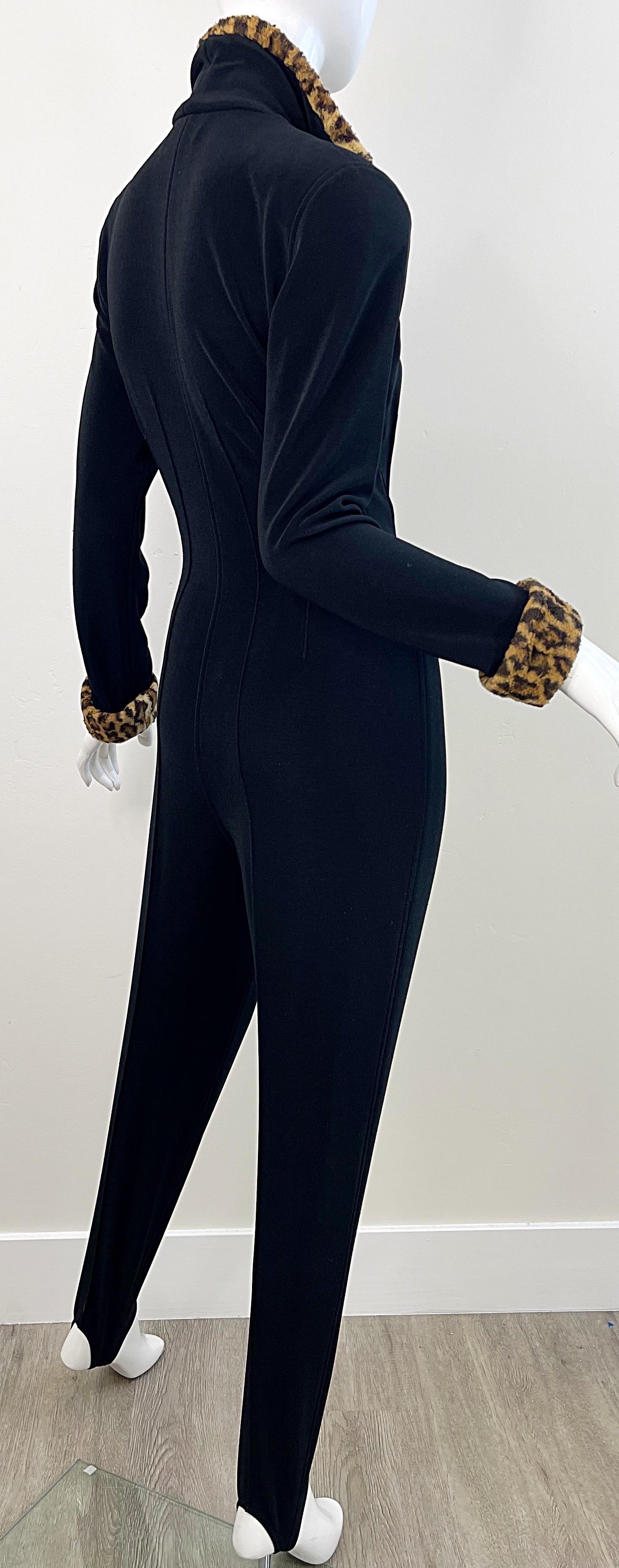 1980s Tadashi Black Faux Leopard Fur Stirrup Pants 80s Vintage Jumpsuit Cat Suit For Sale 6