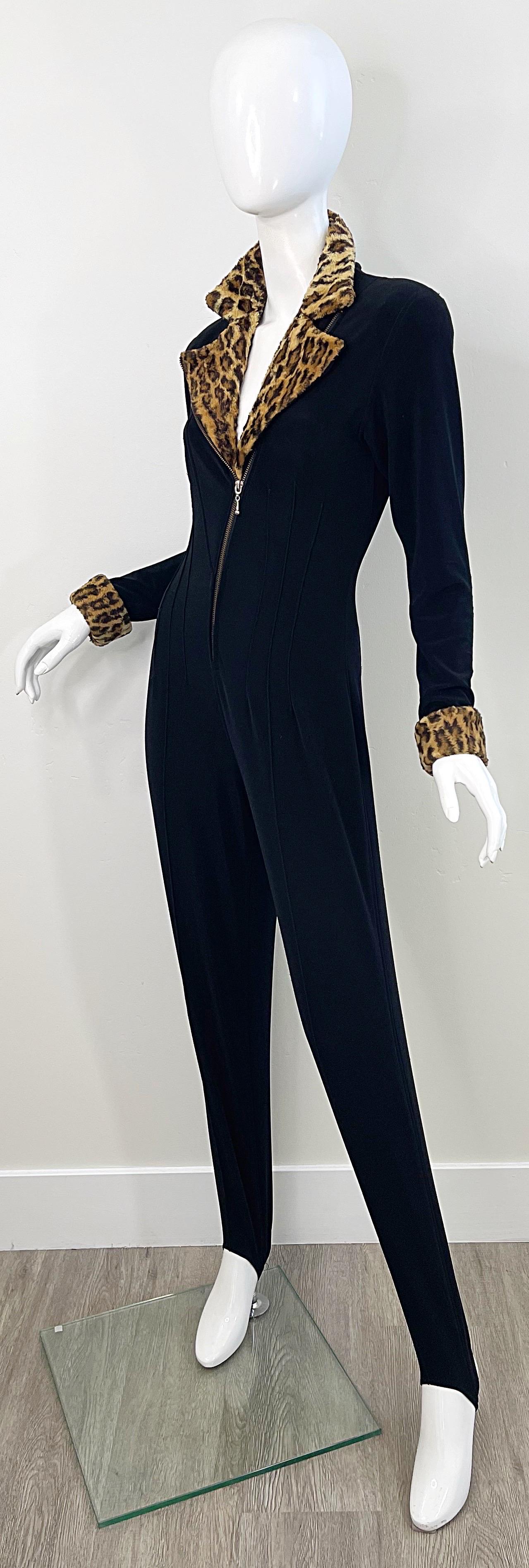 1980s Tadashi Black Faux Leopard Fur Stirrup Pants 80s Vintage Jumpsuit Cat Suit For Sale 7