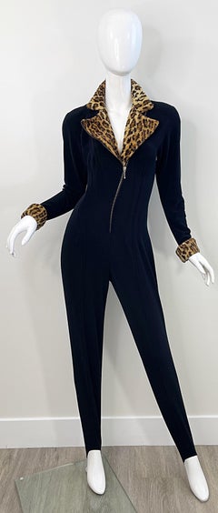 1980s Tadashi Black Faux Leopard Fur Stirrup Pants 80s Vintage Jumpsuit Cat Suit