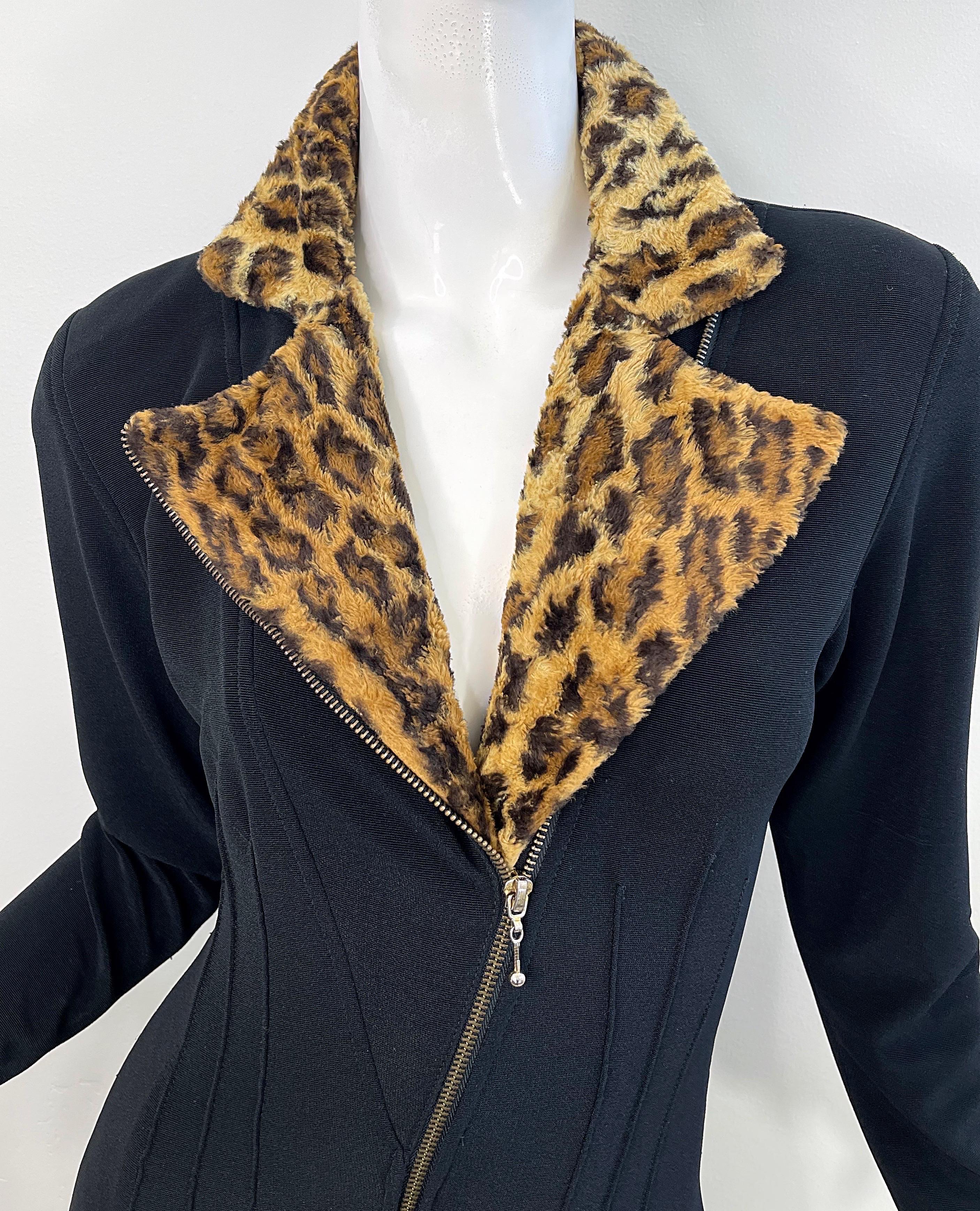 1980s Tadashi Black Faux Leopard Fur Stirrup Pants 80s Vintage Jumpsuit Cat Suit In Excellent Condition For Sale In San Diego, CA