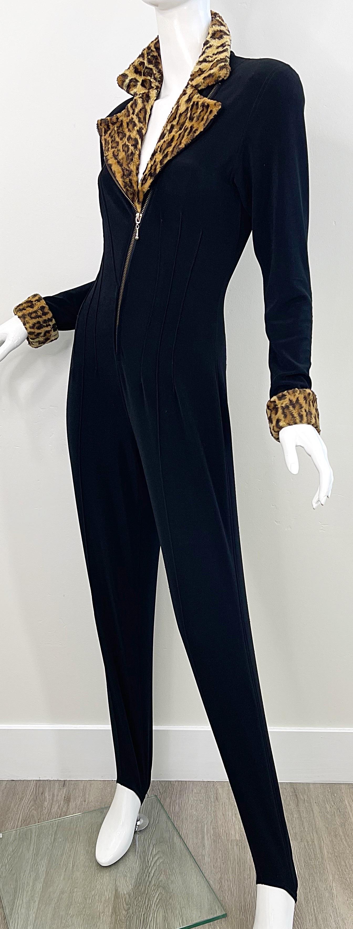 Women's 1980s Tadashi Black Faux Leopard Fur Stirrup Pants 80s Vintage Jumpsuit Cat Suit For Sale