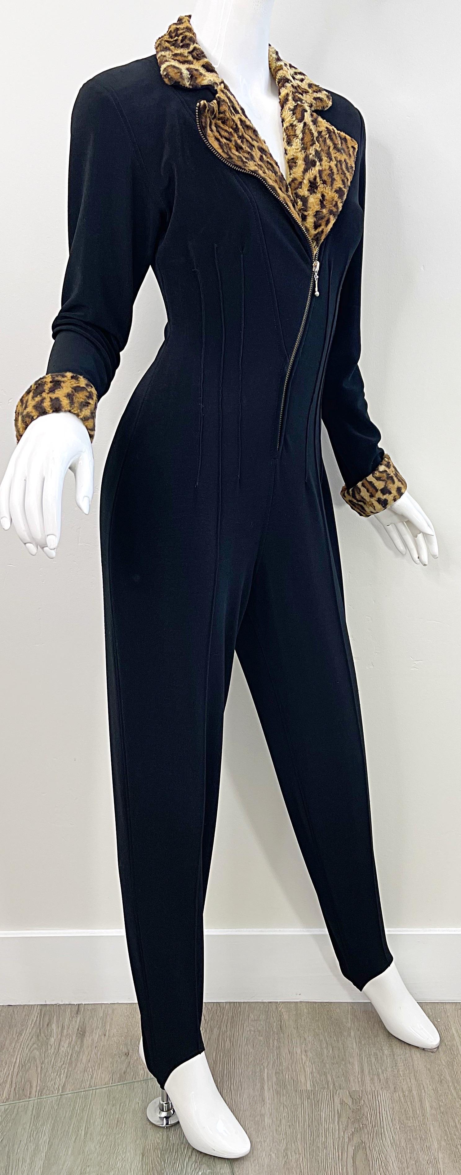 1980s Tadashi Black Faux Leopard Fur Stirrup Pants 80s Vintage Jumpsuit Cat Suit For Sale 1