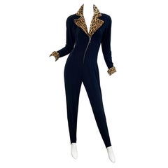 1980s Tadashi Black Faux Leopard Fur Stirrup Pants 80s Vintage Jumpsuit Cat Suit