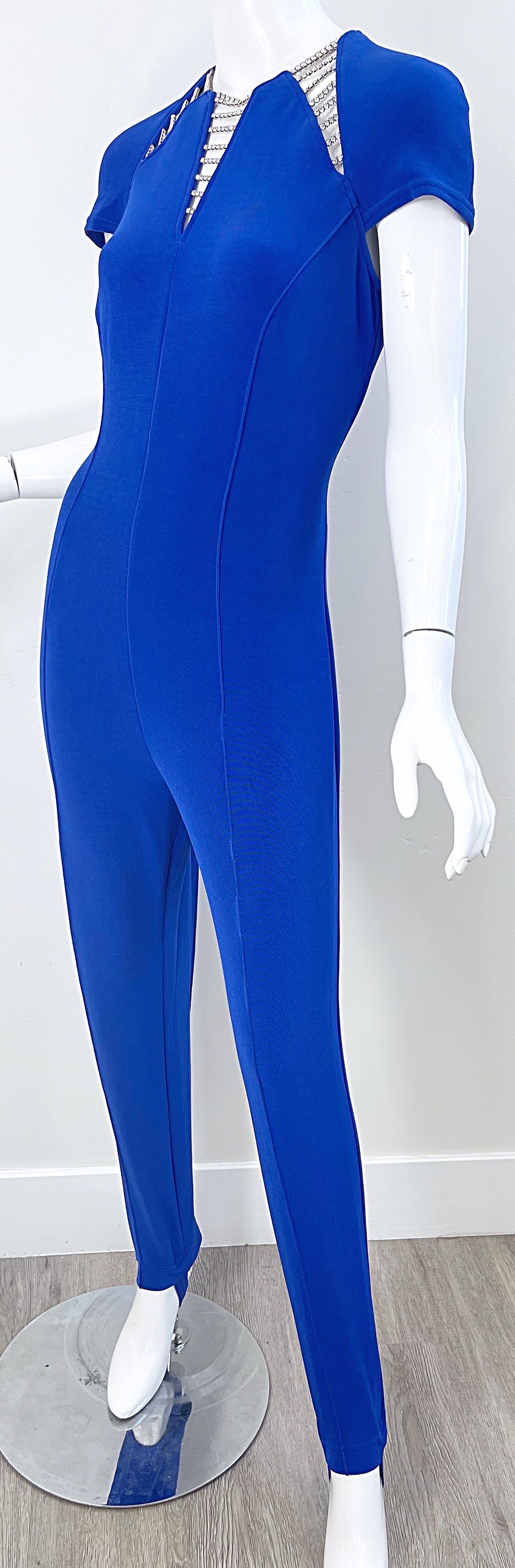 1980s Tadashi Royal Blue Rhinestone Cut Out Stirrup Pant Vintage 80s Jumpsuit For Sale 7