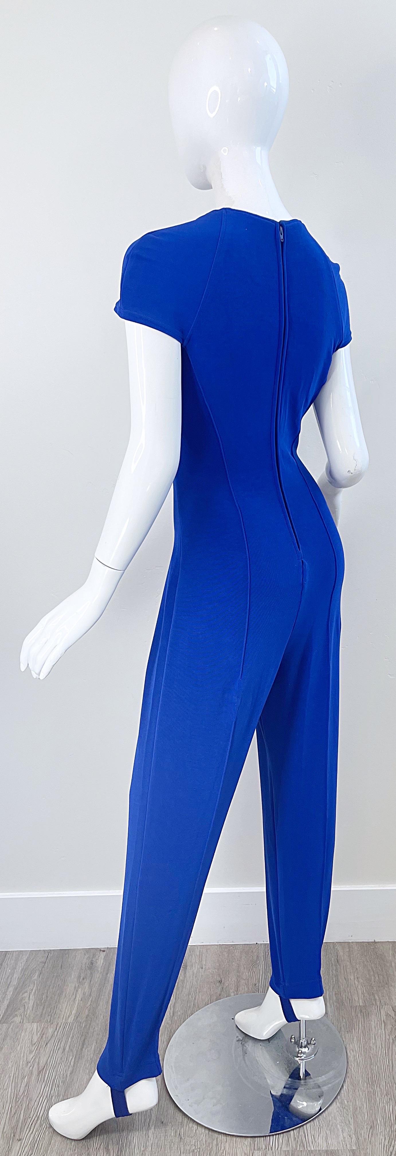 1980s Tadashi Royal Blue Rhinestone Cut Out Stirrup Pant Vintage 80s Jumpsuit For Sale 8