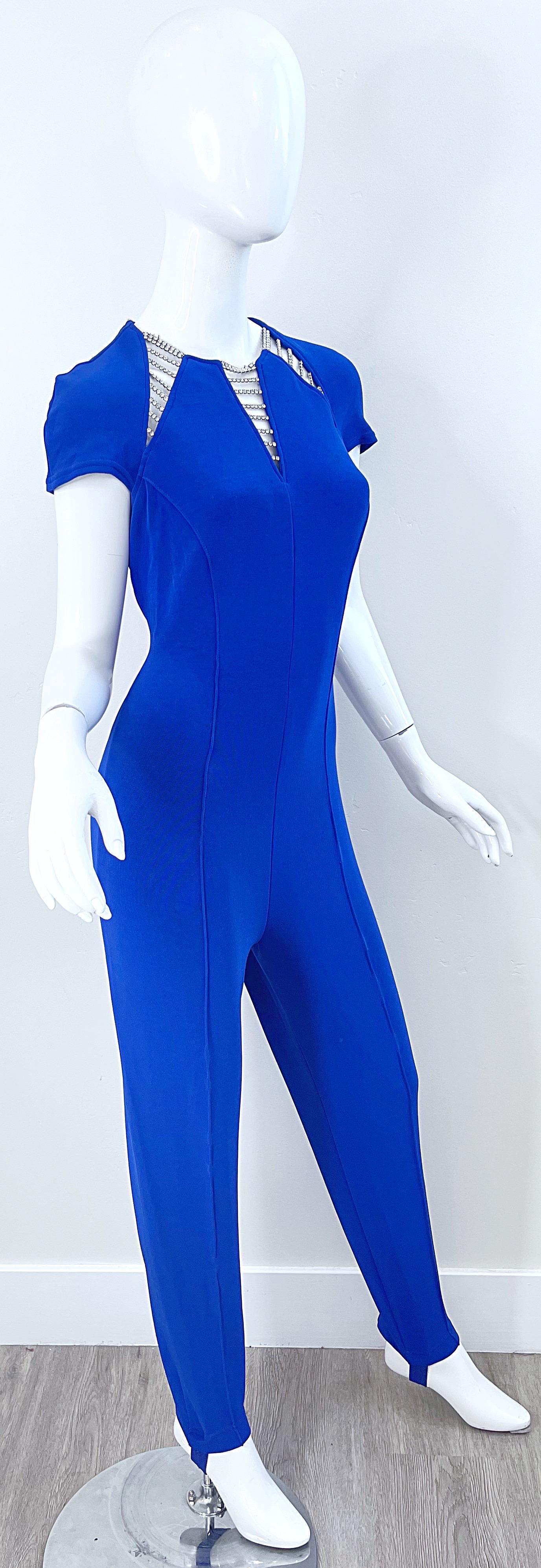 1980s Tadashi Royal Blue Rhinestone Cut Out Stirrup Pant Vintage 80s Jumpsuit For Sale 9