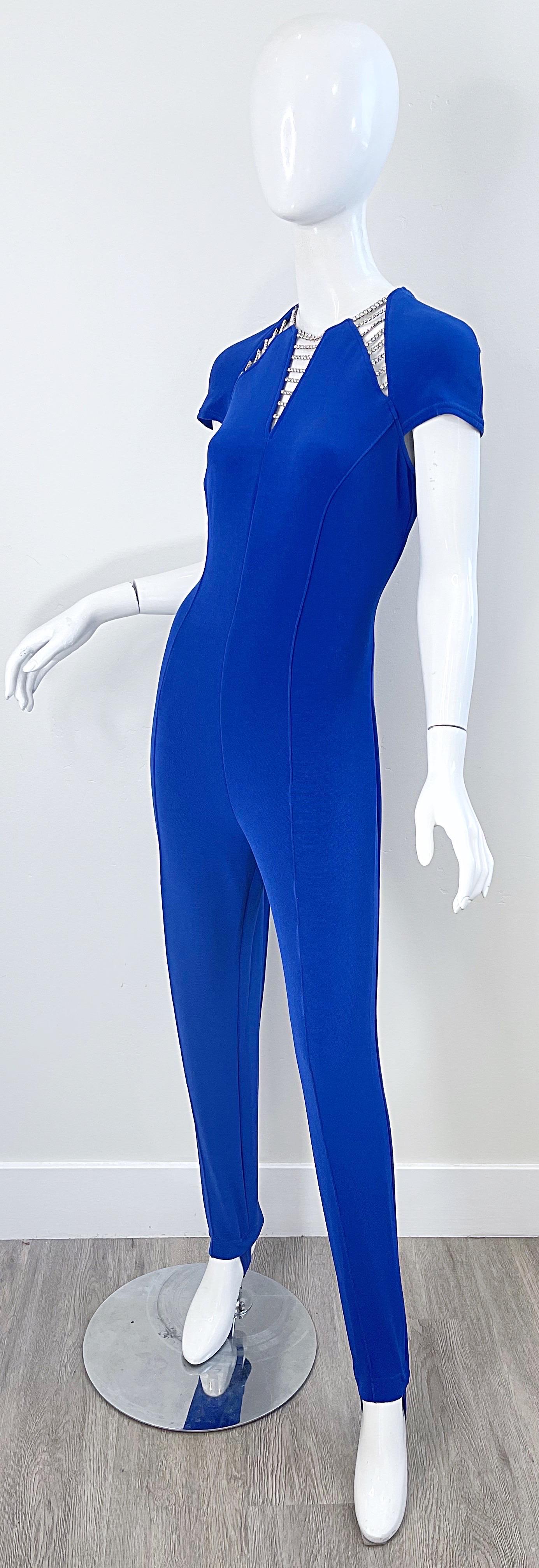 1980s Tadashi Royal Blue Rhinestone Cut Out Stirrup Pant Vintage 80s Jumpsuit For Sale 10