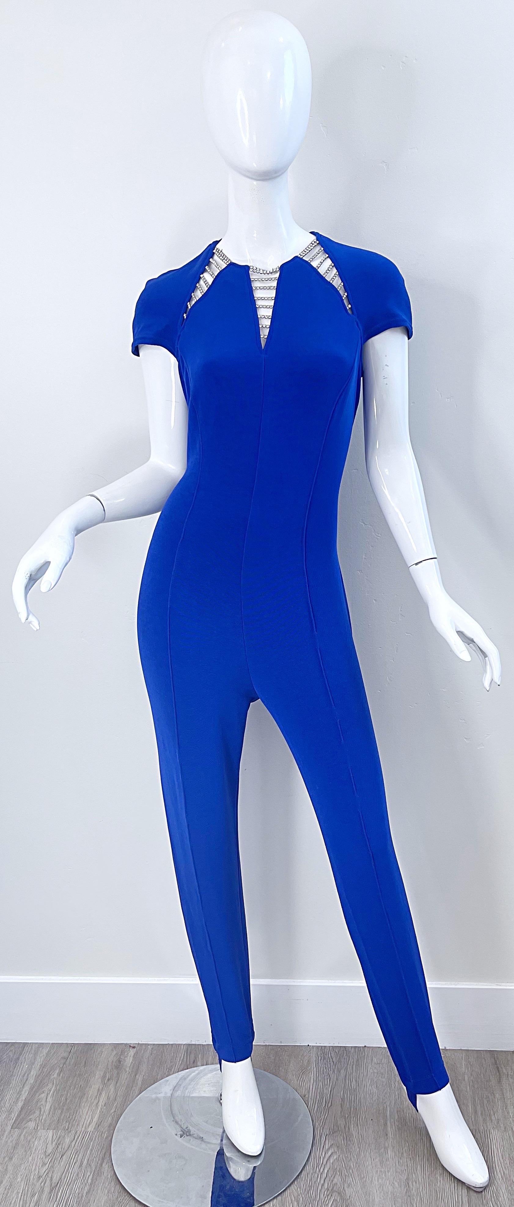 1980s Tadashi Royal Blue Rhinestone Cut Out Stirrup Pant Vintage 80s Jumpsuit For Sale 11