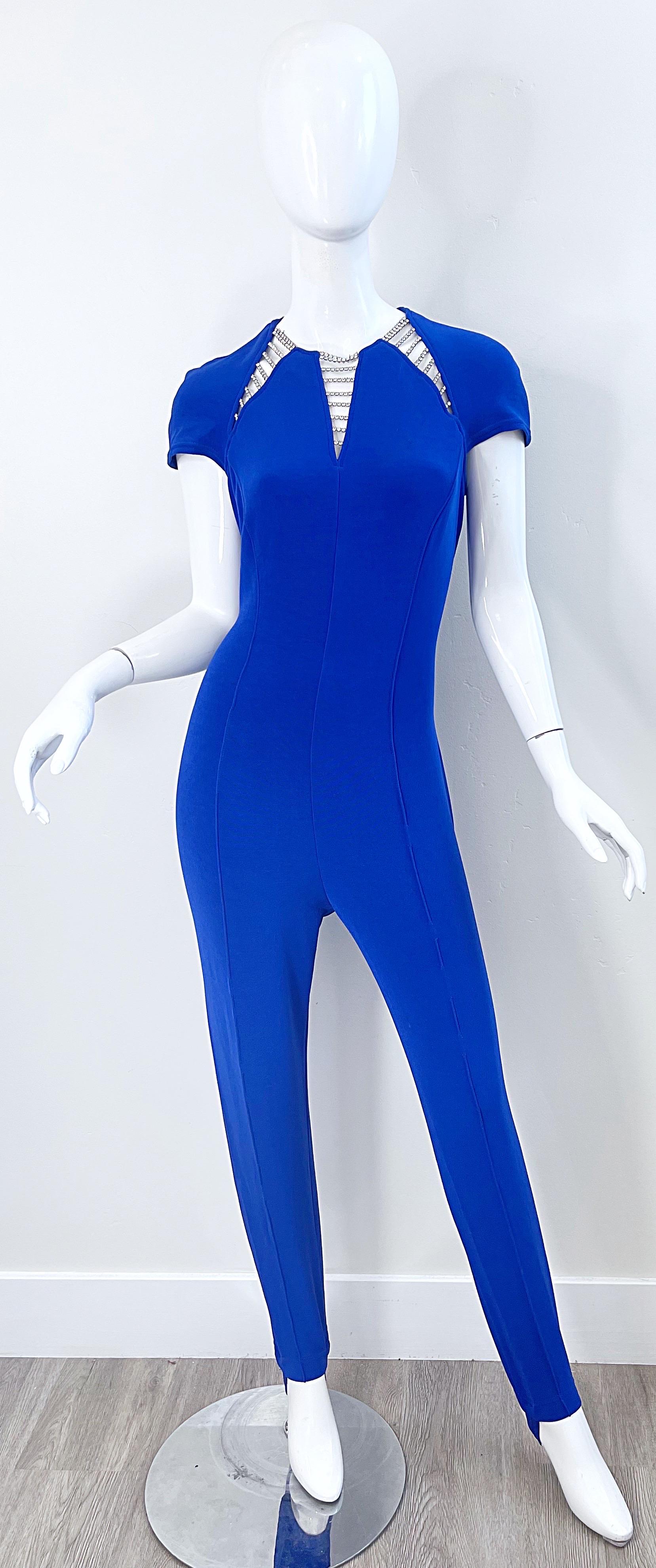 1980s Tadashi Royal Blue Rhinestone Cut Out Stirrup Pant Vintage 80s Jumpsuit In Excellent Condition For Sale In San Diego, CA