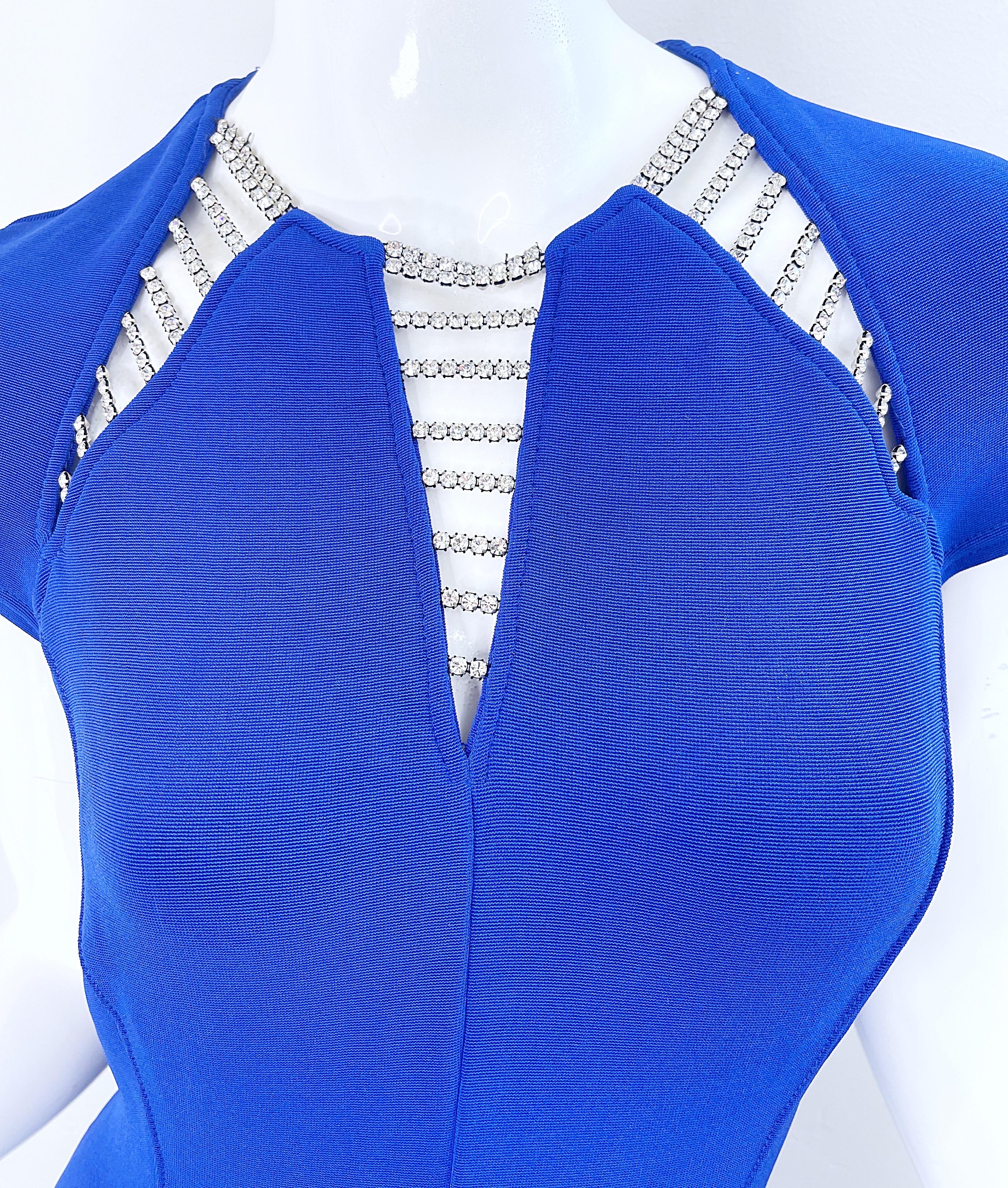 Women's 1980s Tadashi Royal Blue Rhinestone Cut Out Stirrup Pant Vintage 80s Jumpsuit For Sale
