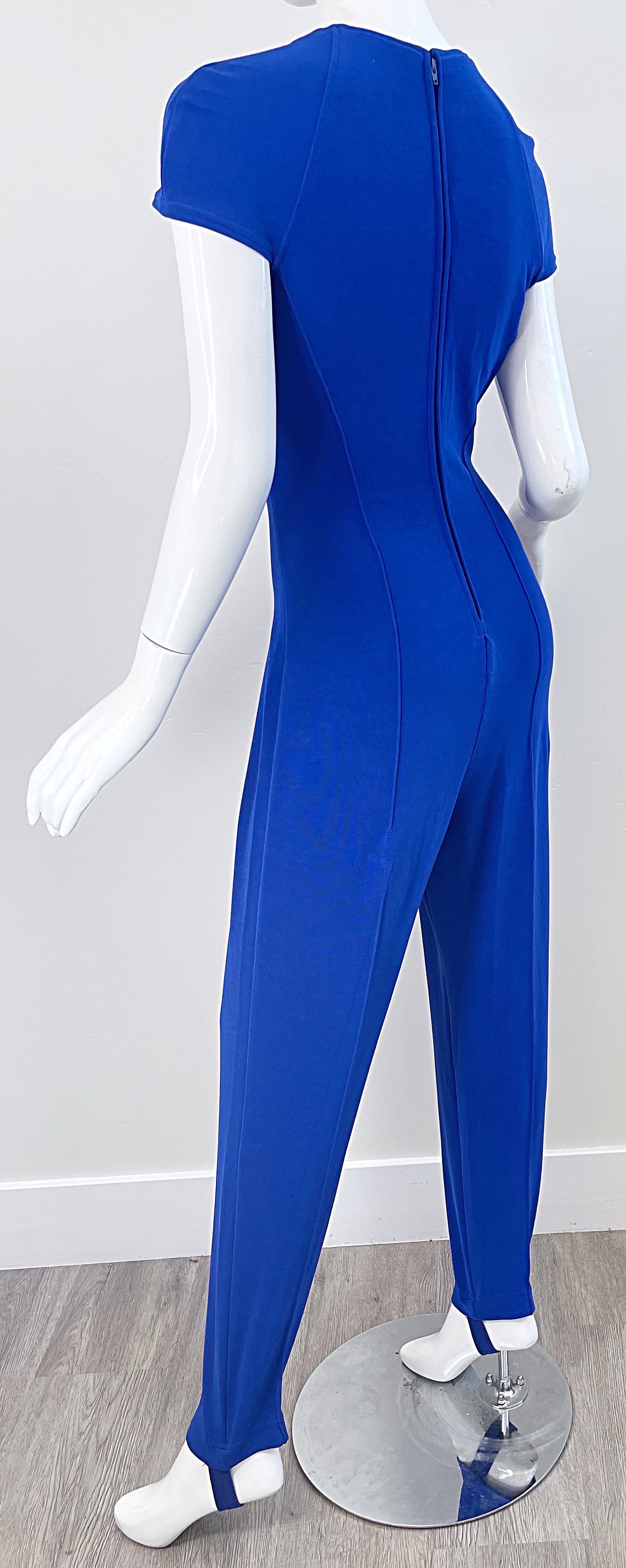 1980s Tadashi Royal Blue Rhinestone Cut Out Stirrup Pant Vintage 80s Jumpsuit For Sale 1