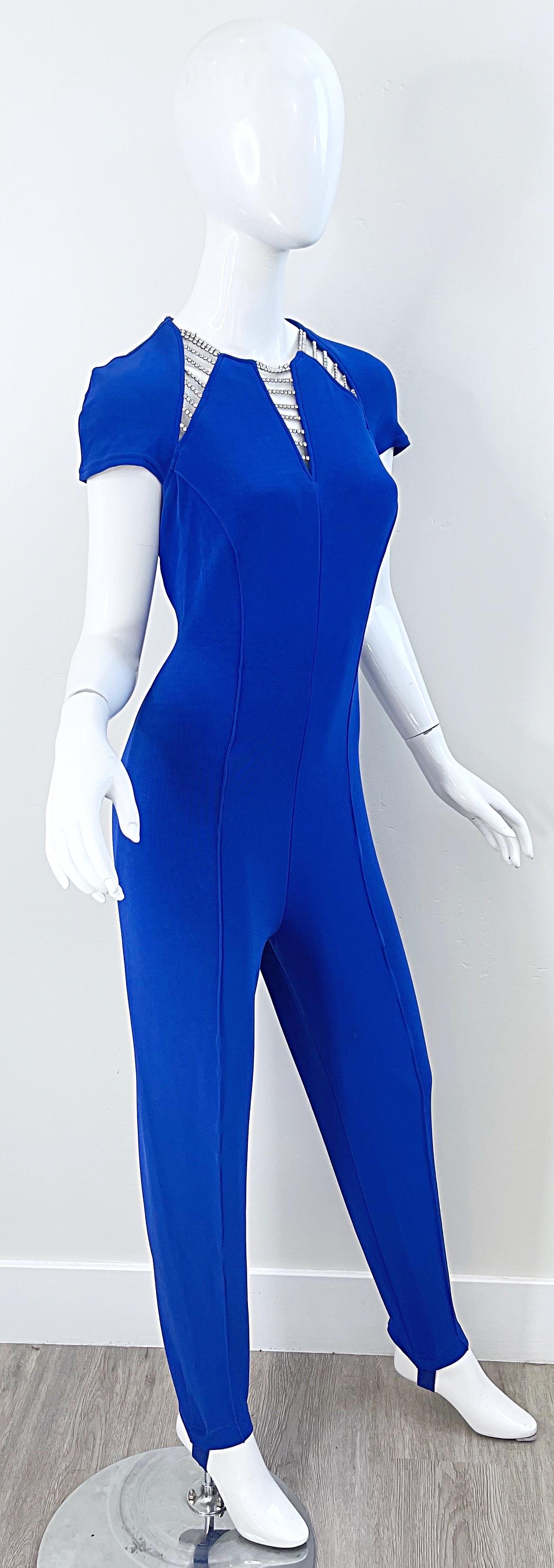 1980s Tadashi Royal Blue Rhinestone Cut Out Stirrup Pant Vintage 80s Jumpsuit For Sale 2