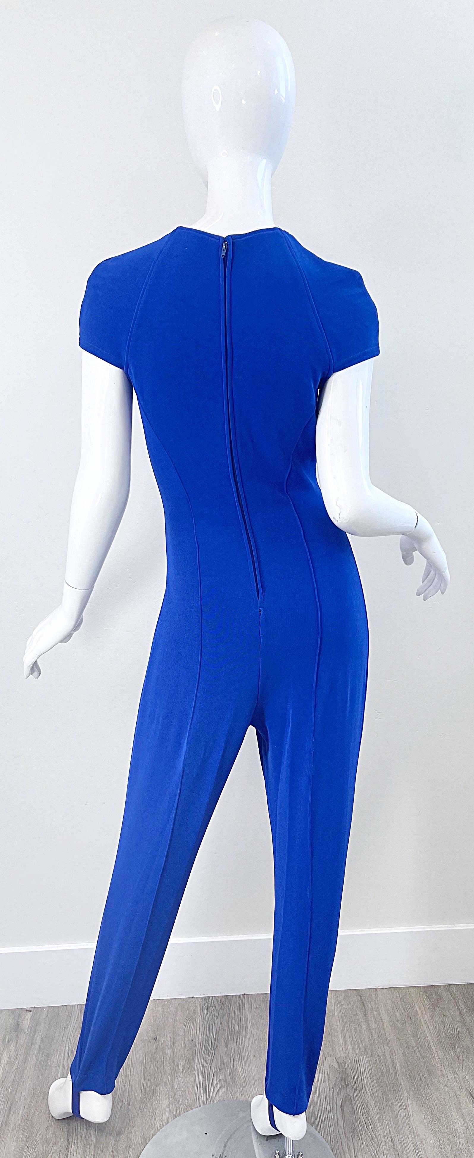 1980s Tadashi Royal Blue Rhinestone Cut Out Stirrup Pant Vintage 80s Jumpsuit For Sale 3