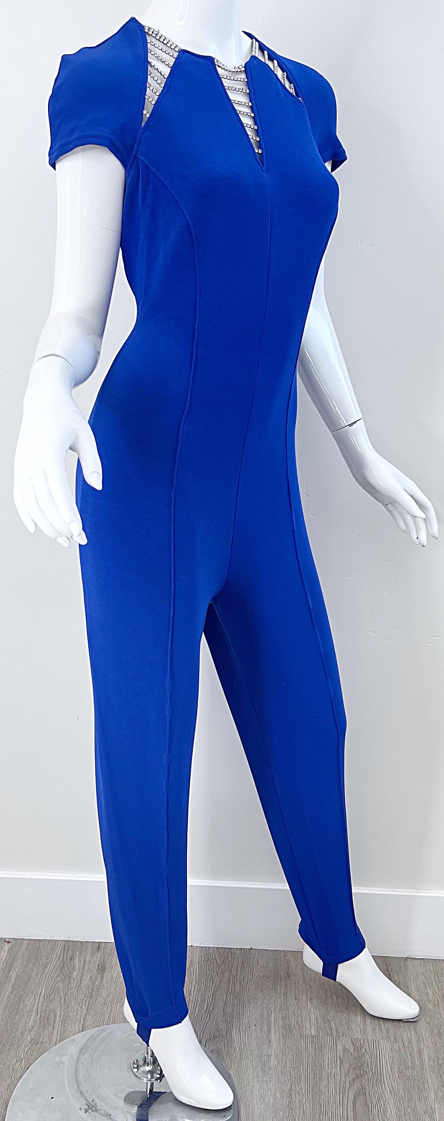 1980s Tadashi Royal Blue Rhinestone Cut Out Stirrup Pant Vintage 80s Jumpsuit For Sale 4