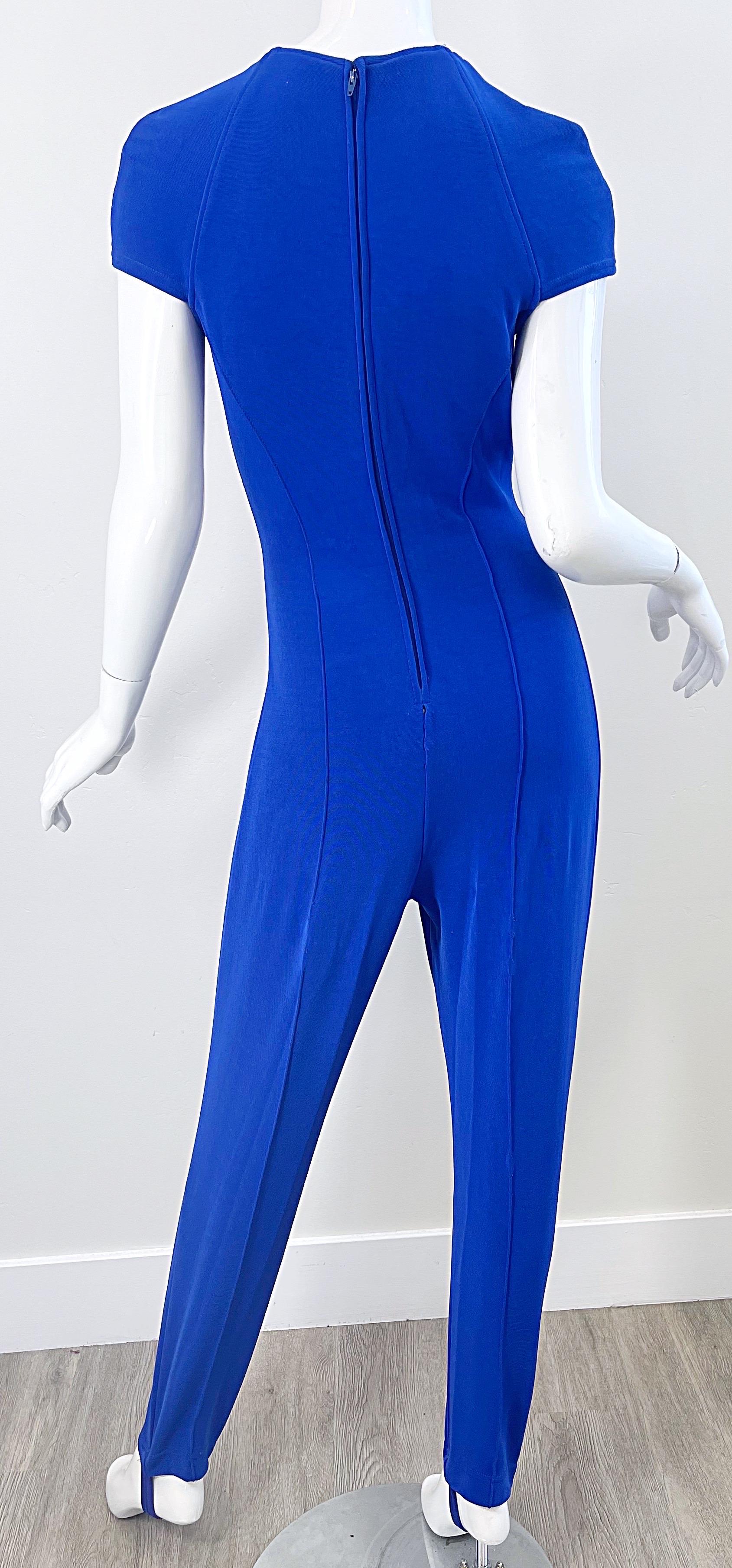 1980s Tadashi Royal Blue Rhinestone Cut Out Stirrup Pant Vintage 80s Jumpsuit For Sale 5
