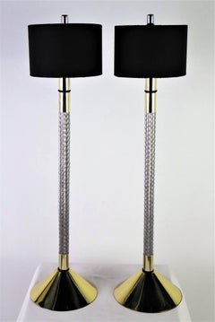 1980s Tall Modern Architectural Braided Steel Wire and Brass Buffet Lamps