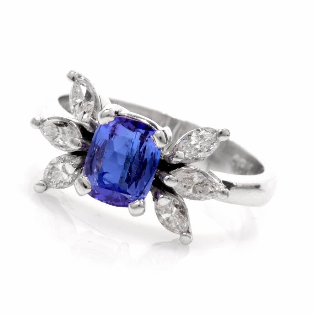 1980s Tanzanite Marquise Diamond 18 Karat White Gold Ring In Excellent Condition In Miami, FL