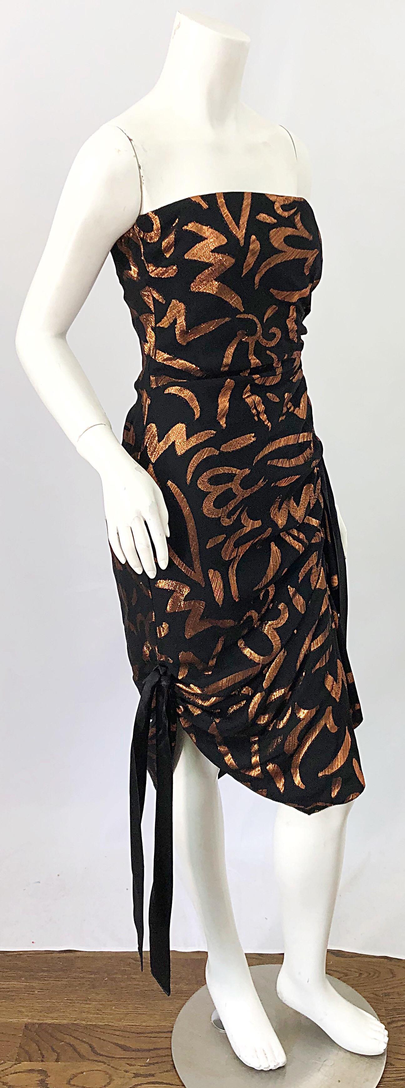 1980s Tarquin Ebker Black + Bronze Silk Chiffon Batik Print Strapless 80s Dress For Sale 4