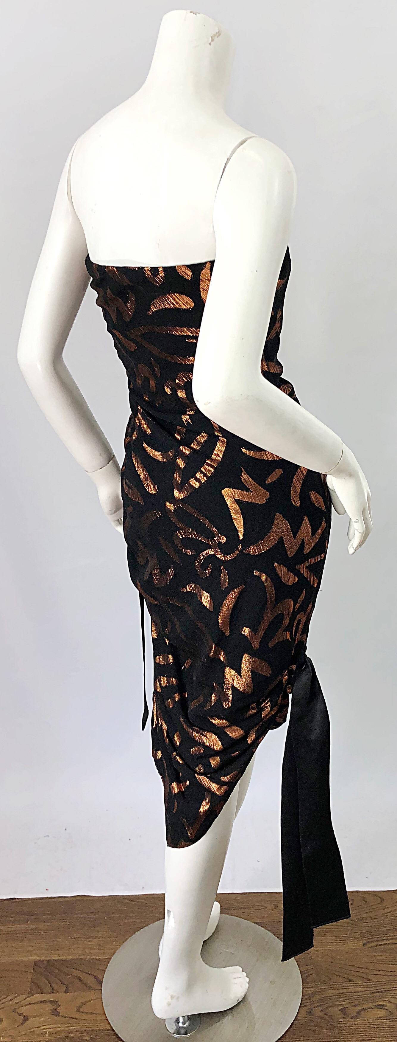 1980s Tarquin Ebker Black + Bronze Silk Chiffon Batik Print Strapless 80s Dress For Sale 5