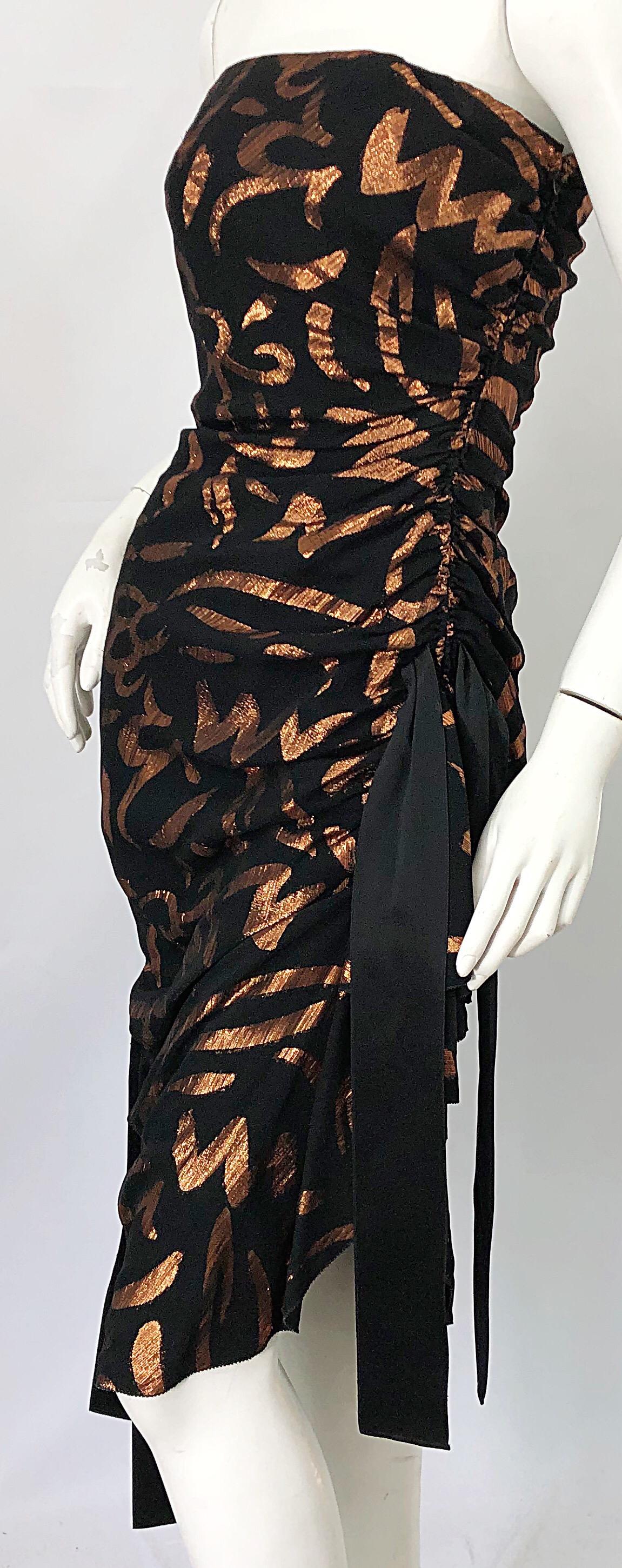 1980s Tarquin Ebker Black + Bronze Silk Chiffon Batik Print Strapless 80s Dress For Sale 6