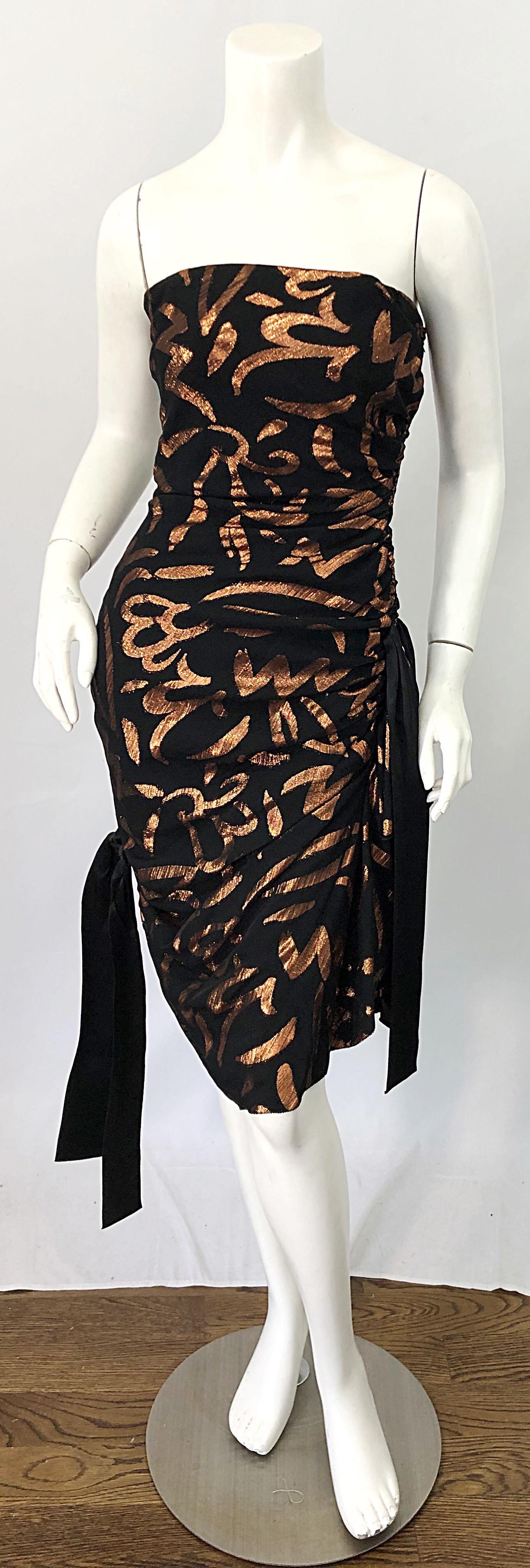 1980s Tarquin Ebker Black + Bronze Silk Chiffon Batik Print Strapless 80s Dress For Sale 7