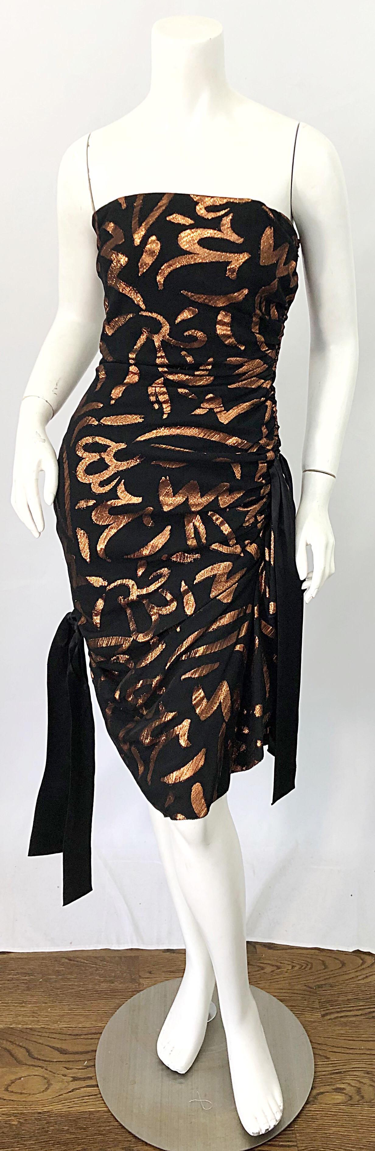 Rare Avant Garde vintage 80s TARQUIN EBKER black and metallic bronze batik print silk chiffon strapless dress! Ebker was known for his impeccable attention to detail, and his work was of couture quality. Asymmetrical hi-lo hem is longer in the front