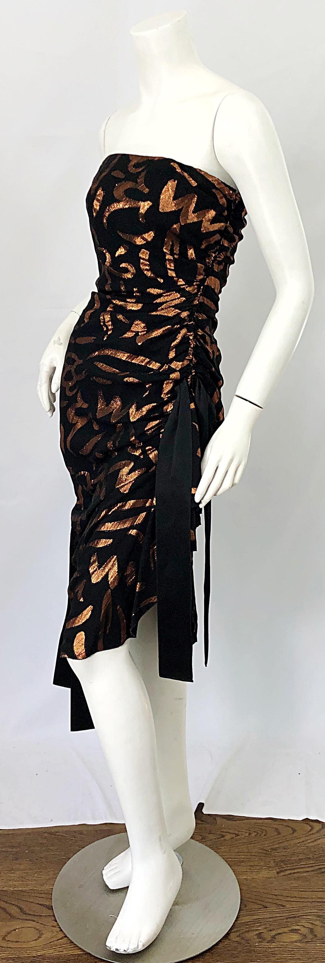 1980s Tarquin Ebker Black + Bronze Silk Chiffon Batik Print Strapless 80s Dress In Excellent Condition For Sale In San Diego, CA