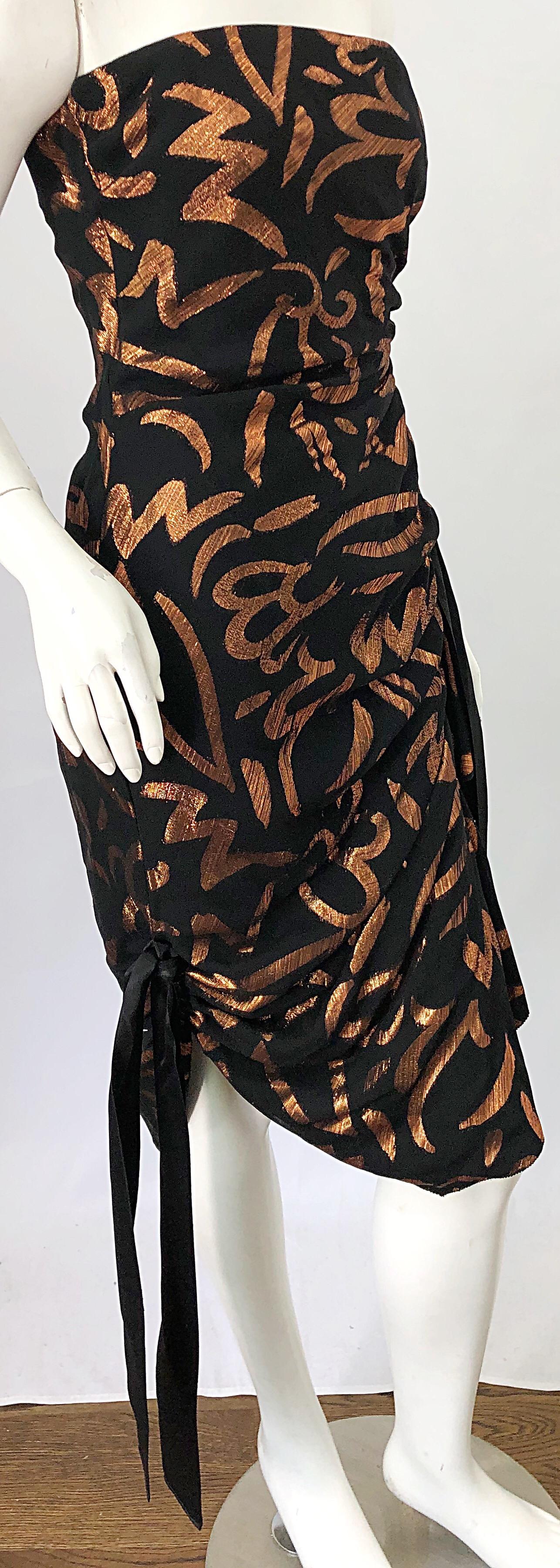 Women's 1980s Tarquin Ebker Black + Bronze Silk Chiffon Batik Print Strapless 80s Dress For Sale