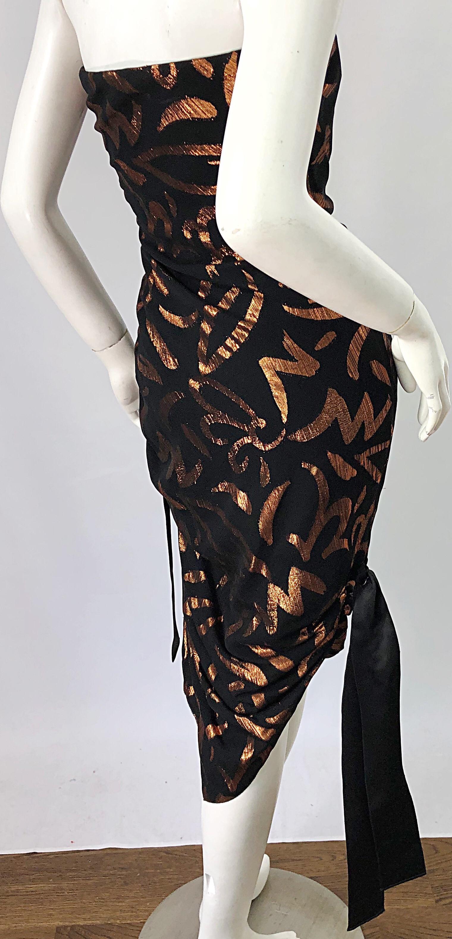 1980s Tarquin Ebker Black + Bronze Silk Chiffon Batik Print Strapless 80s Dress For Sale 1