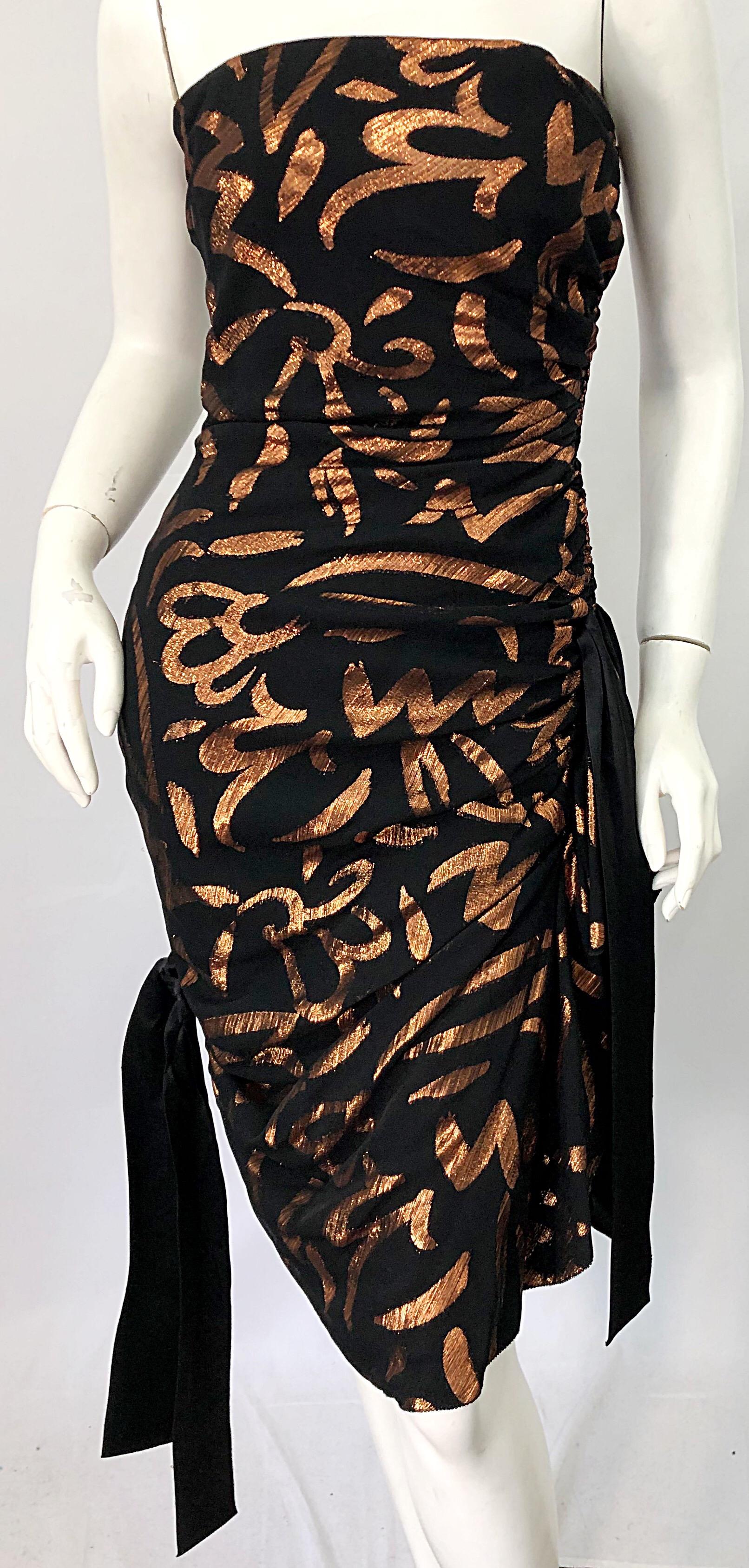 1980s Tarquin Ebker Black + Bronze Silk Chiffon Batik Print Strapless 80s Dress For Sale 2
