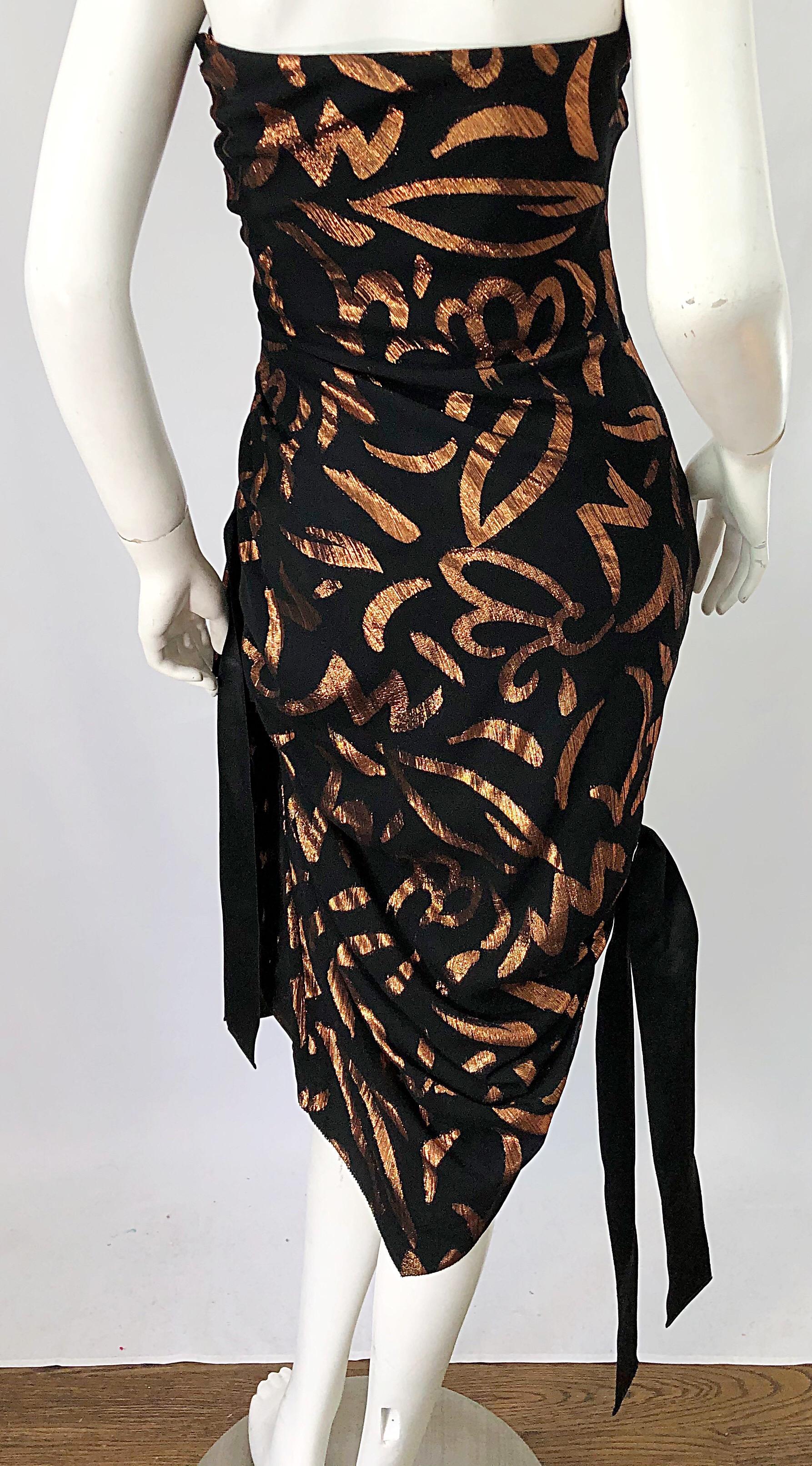 1980s Tarquin Ebker Black + Bronze Silk Chiffon Batik Print Strapless 80s Dress For Sale 3