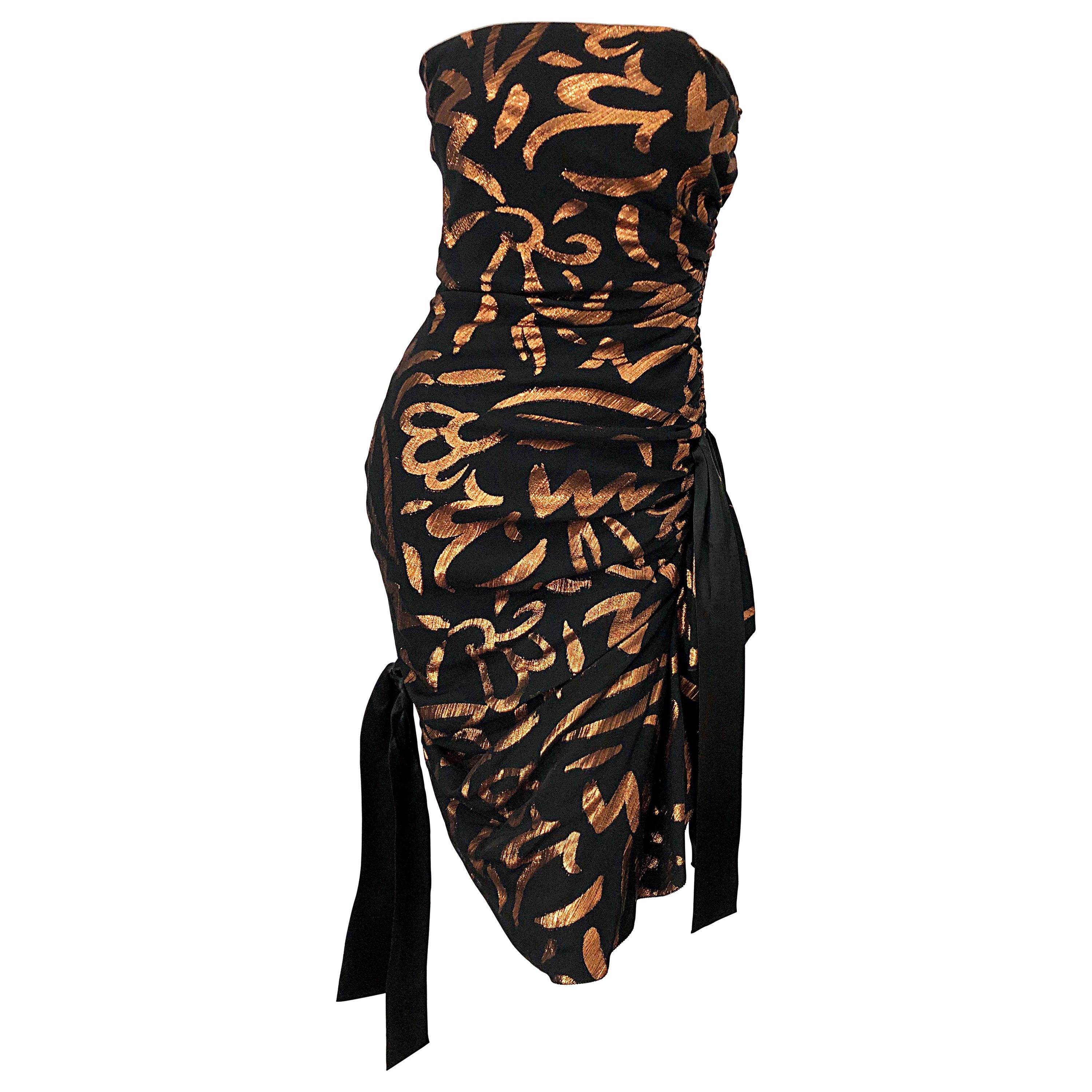 1980s Tarquin Ebker Black + Bronze Silk Chiffon Batik Print Strapless 80s Dress For Sale