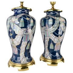 1980s Tassel Decorated set of Chinese Porcelain Table Lamps
