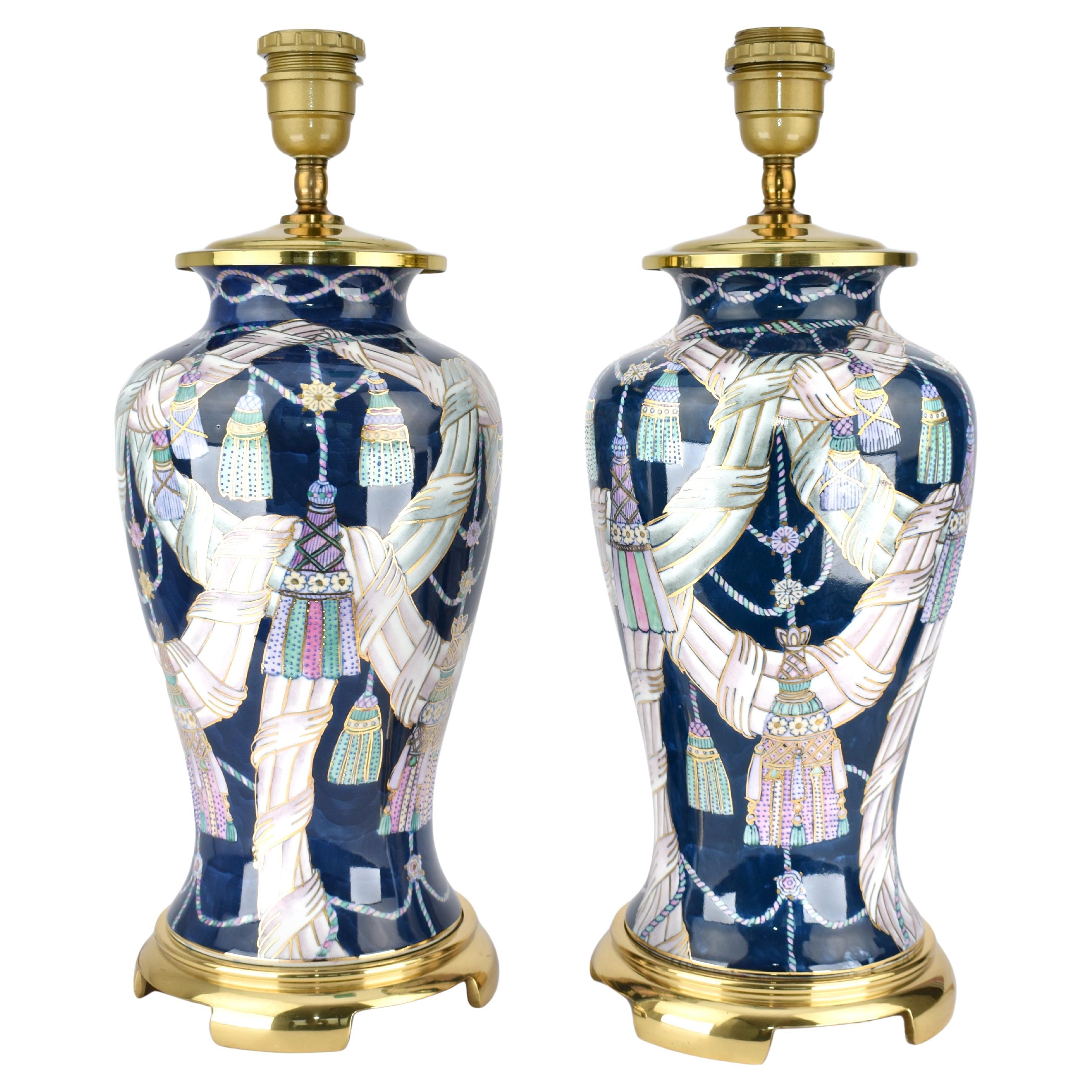 1980s Tassel Decorated set of Chinese Porcelain Table Lamps For Sale